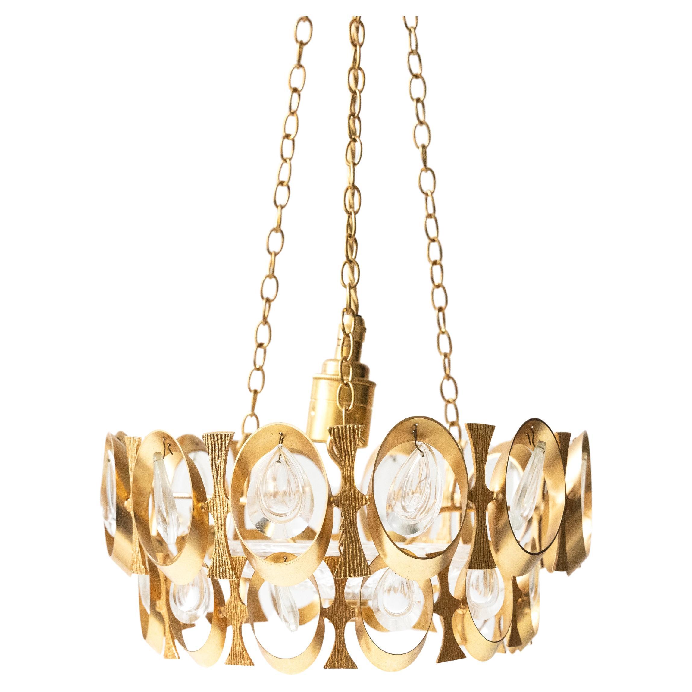 Unique 20th Century Chandelier in Gilded Metal and Glass, French Design For Sale