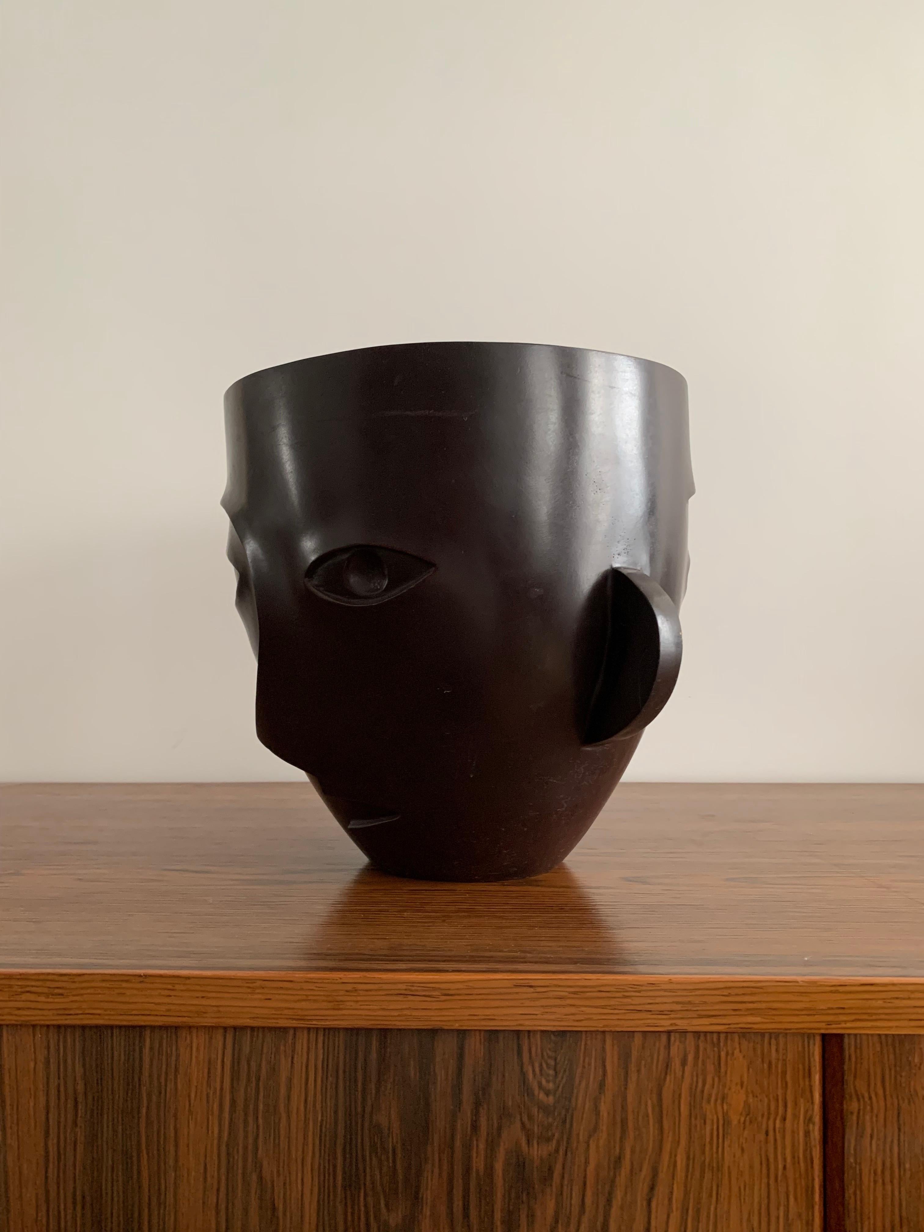 Anonymous Bronze Planter Pot Figuring a Asymmetric Face Brown Patina France 1980 For Sale 4