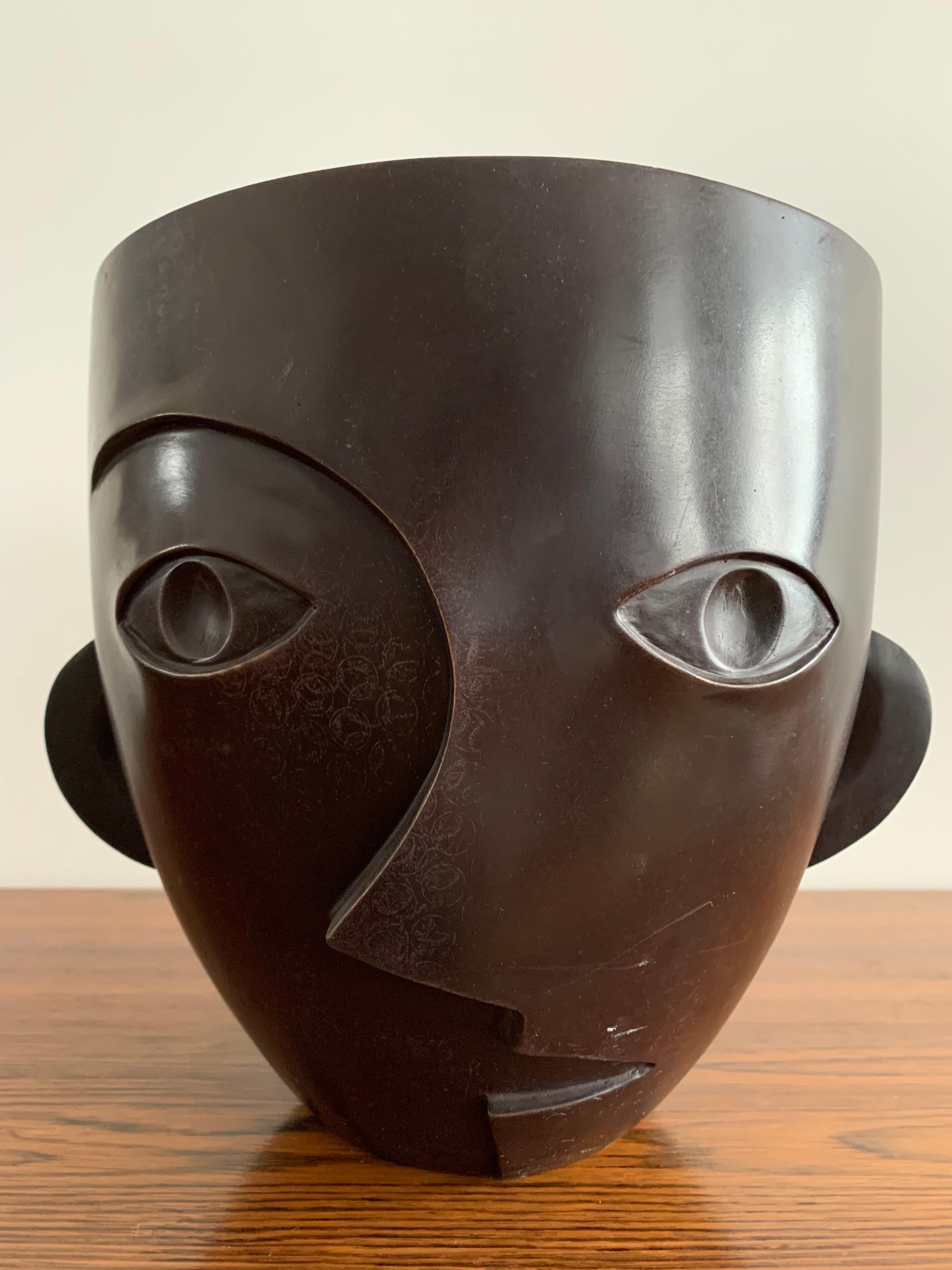 Anonymous Bronze Planter Pot Figuring a Asymmetric Face Brown Patina France 1980 For Sale 5