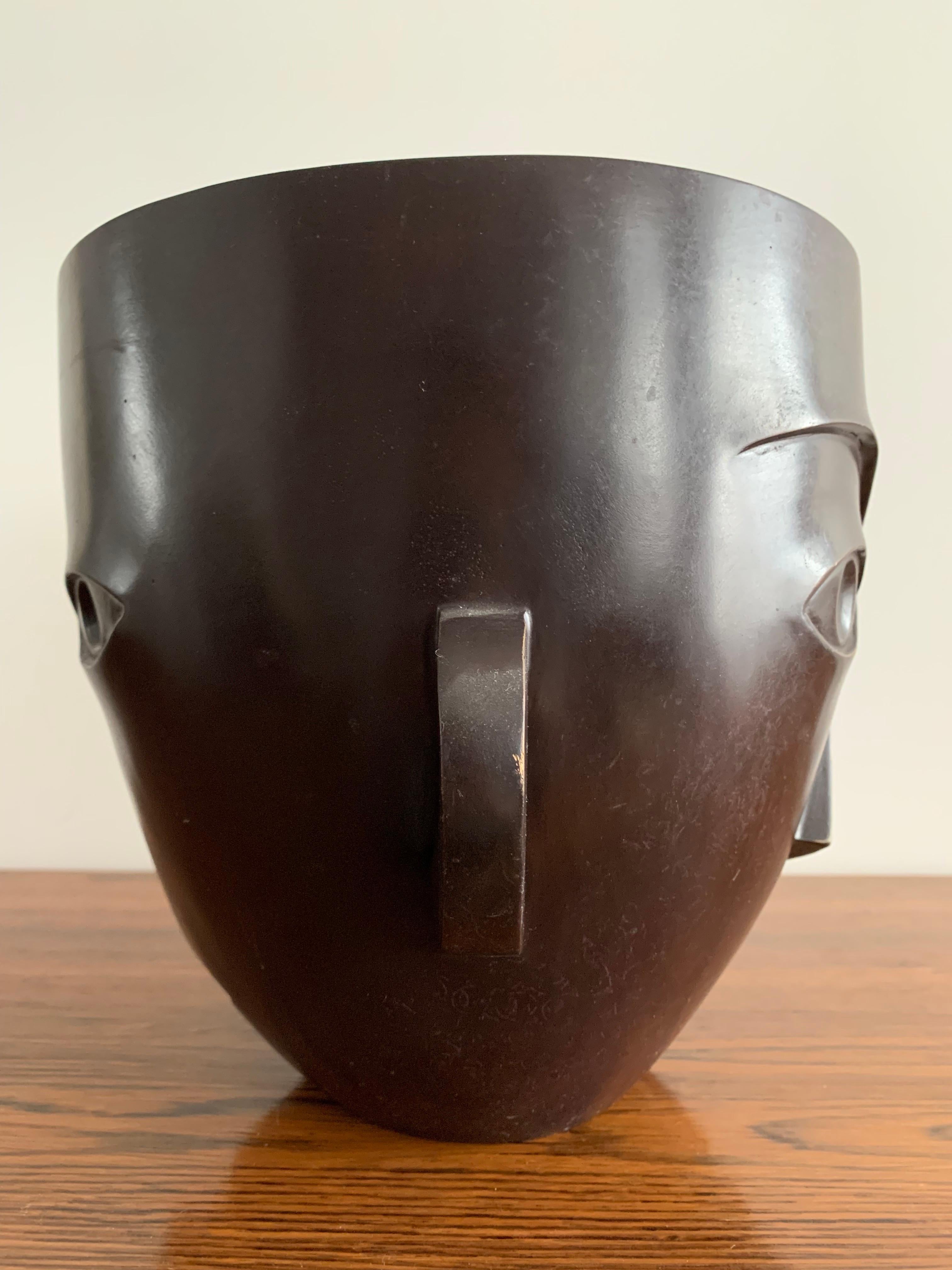 Anonymous Bronze Planter Pot Figuring a Asymmetric Face Brown Patina France 1980 For Sale 6