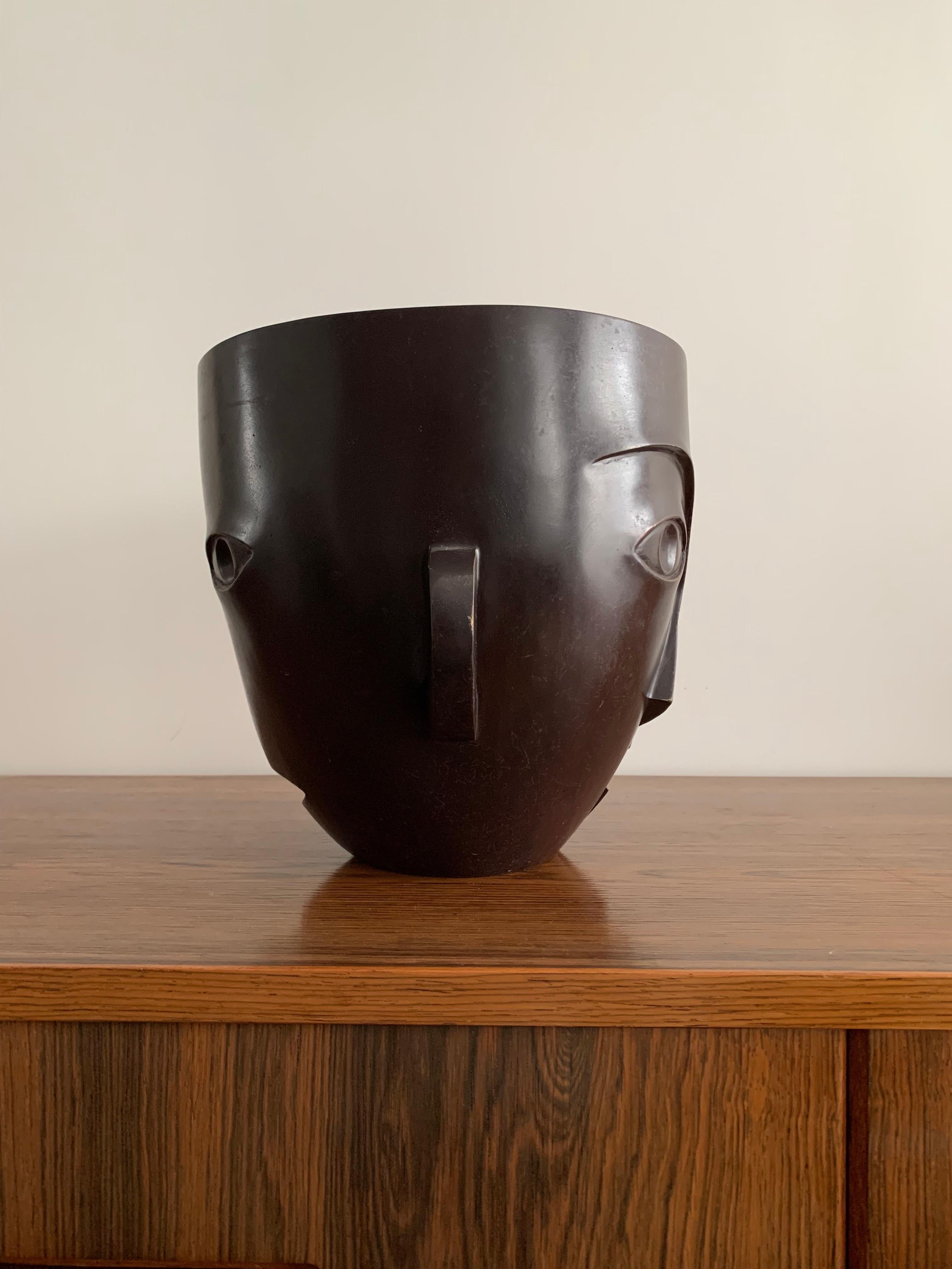 French Anonymous Bronze Planter Pot Figuring a Asymmetric Face Brown Patina France 1980 For Sale