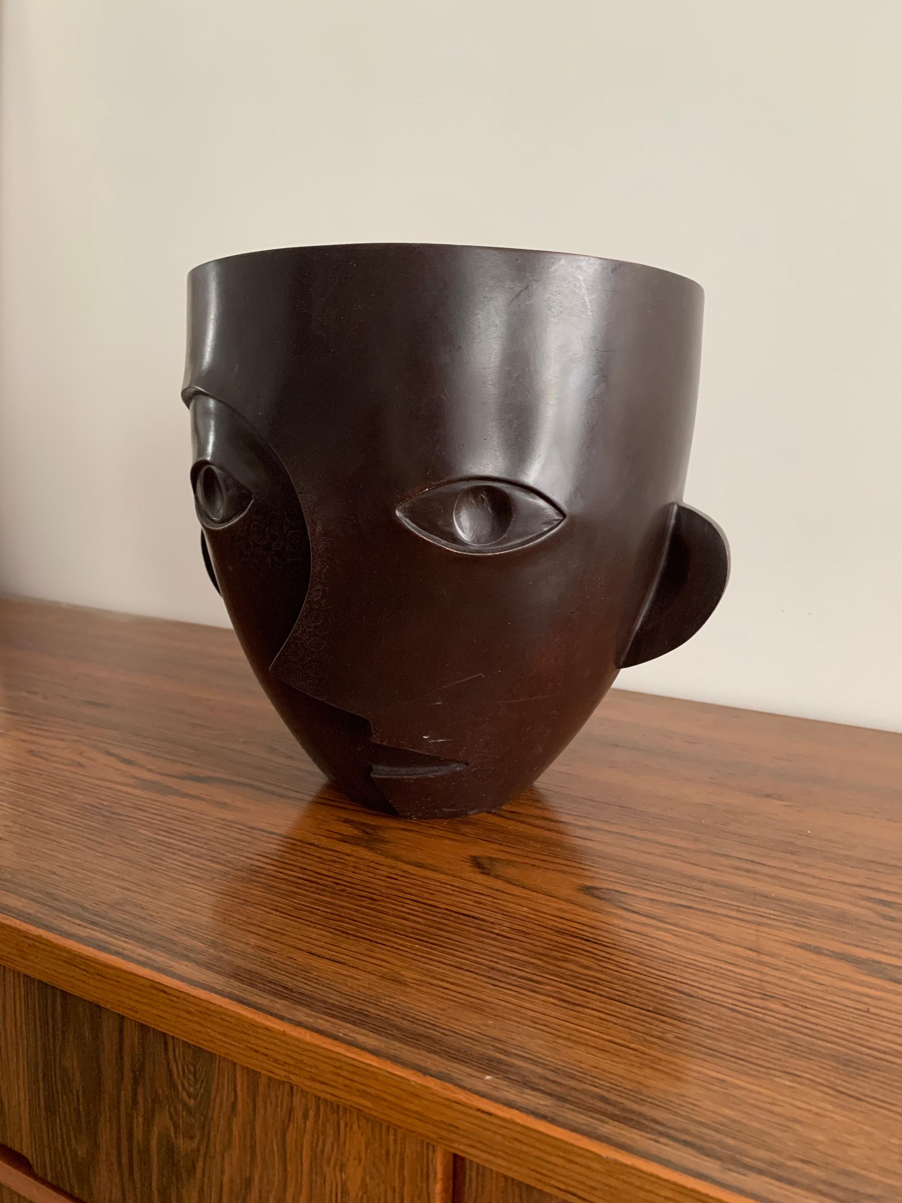 20th Century Anonymous Bronze Planter Pot Figuring a Asymmetric Face Brown Patina France 1980 For Sale