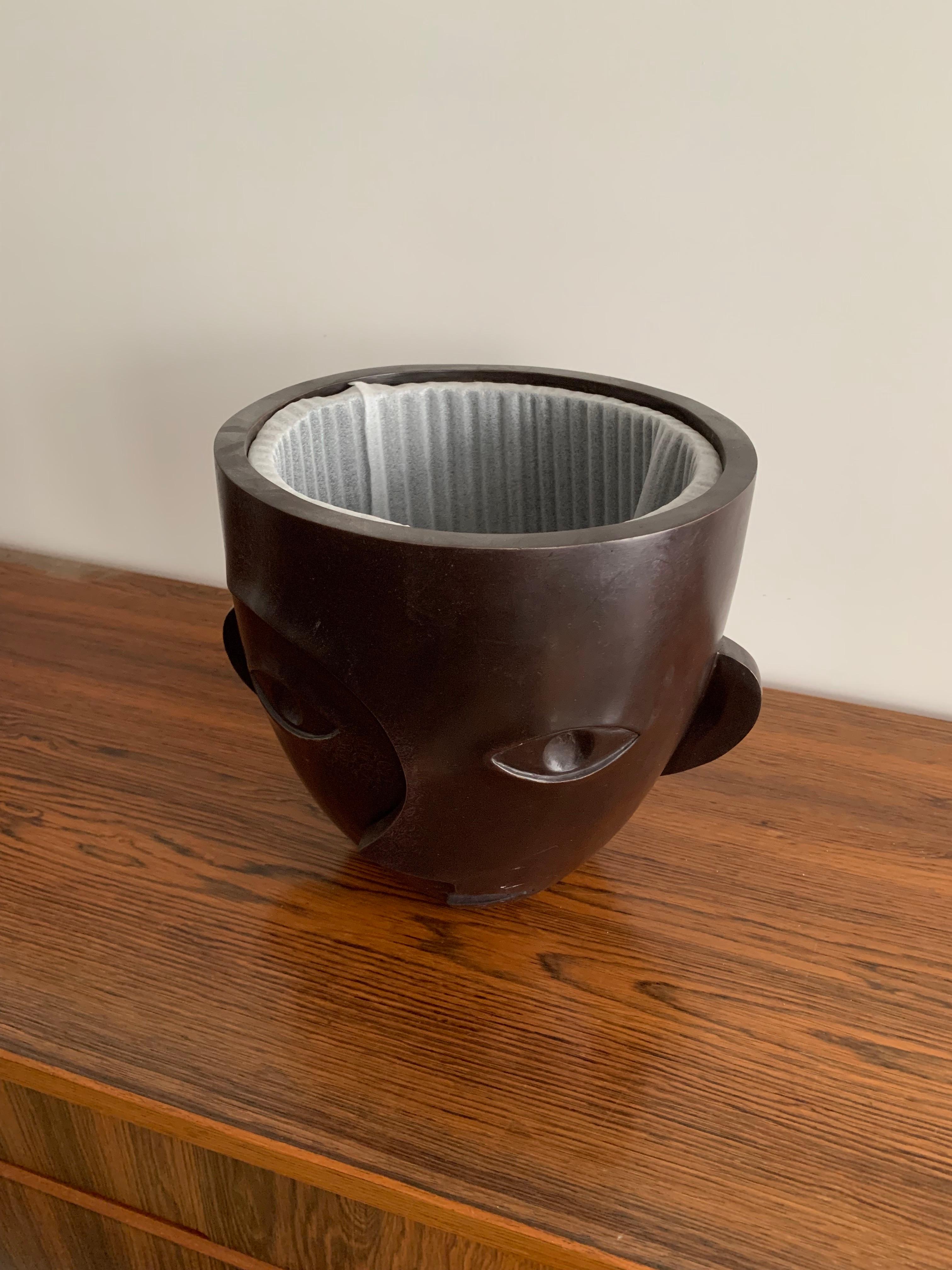 Anonymous Bronze Planter Pot Figuring a Asymmetric Face Brown Patina France 1980 For Sale 1