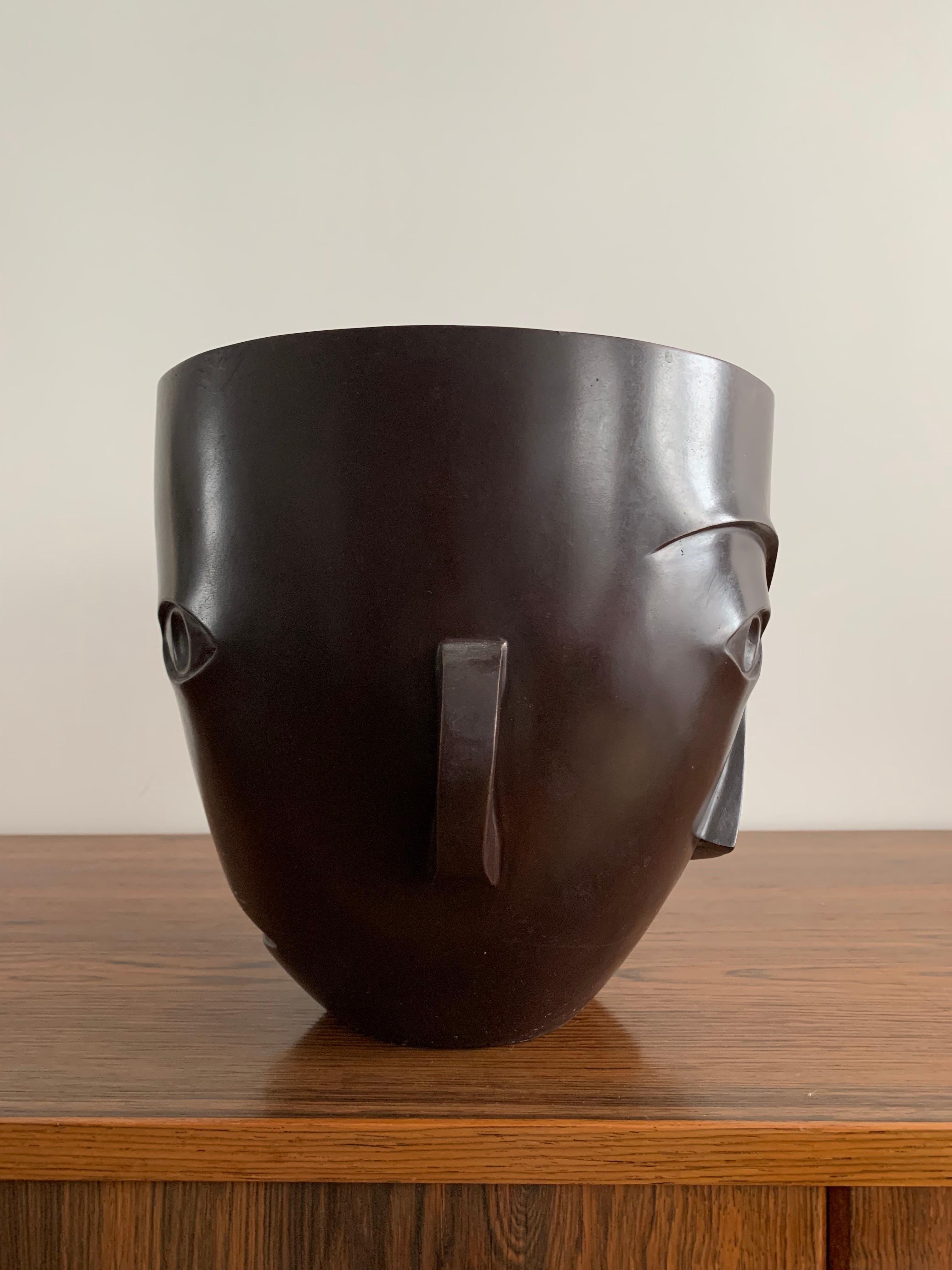 Anonymous Bronze Planter Pot Figuring a Asymmetric Face Brown Patina France 1980 For Sale 2