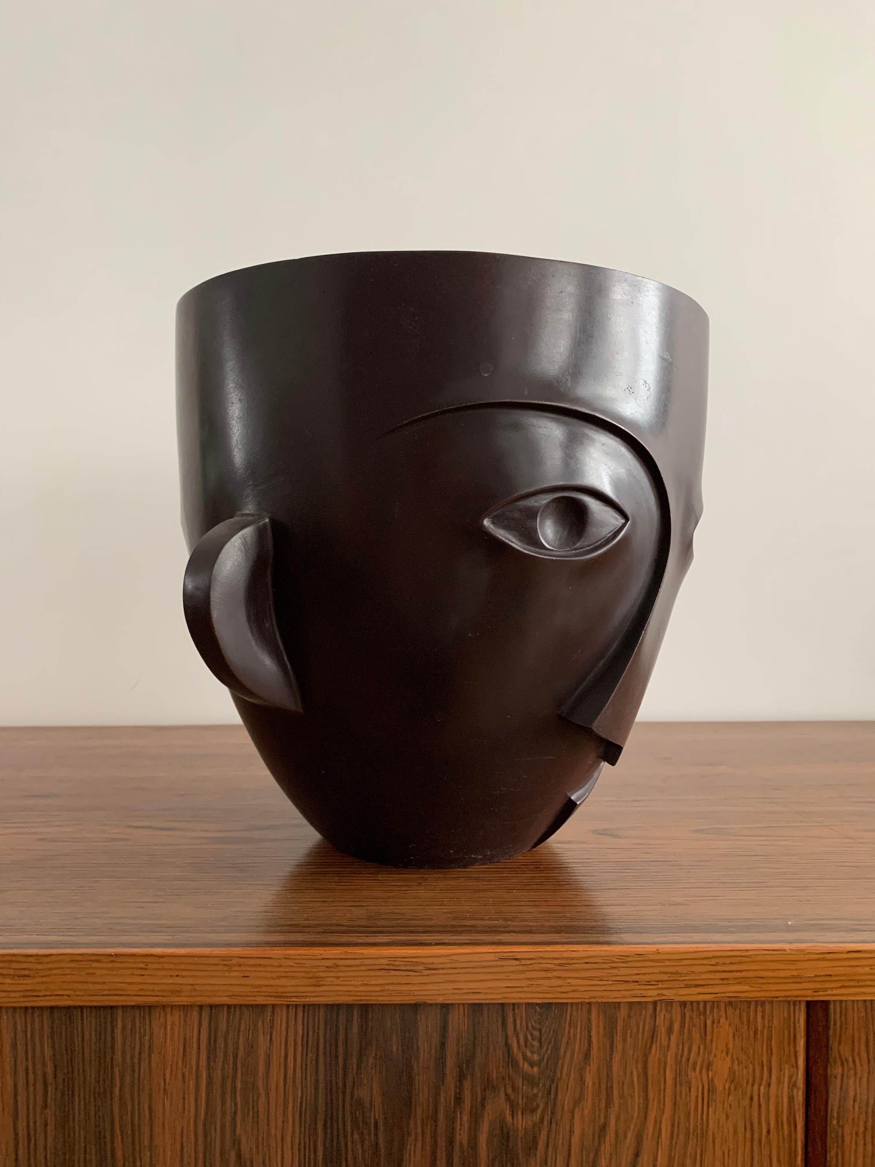 Anonymous Bronze Planter Pot Figuring a Asymmetric Face Brown Patina France 1980 For Sale 3