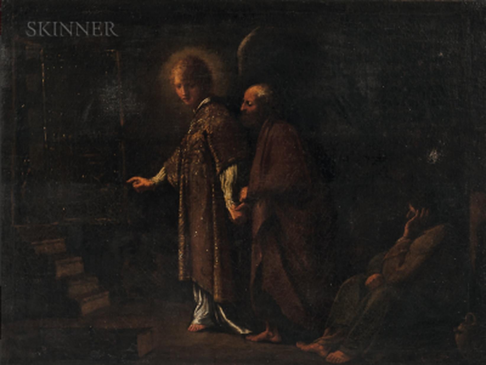 Anonymous Caravagesque Figurative Painting -  Angel Leading St. Peter from Prison, 17th century 