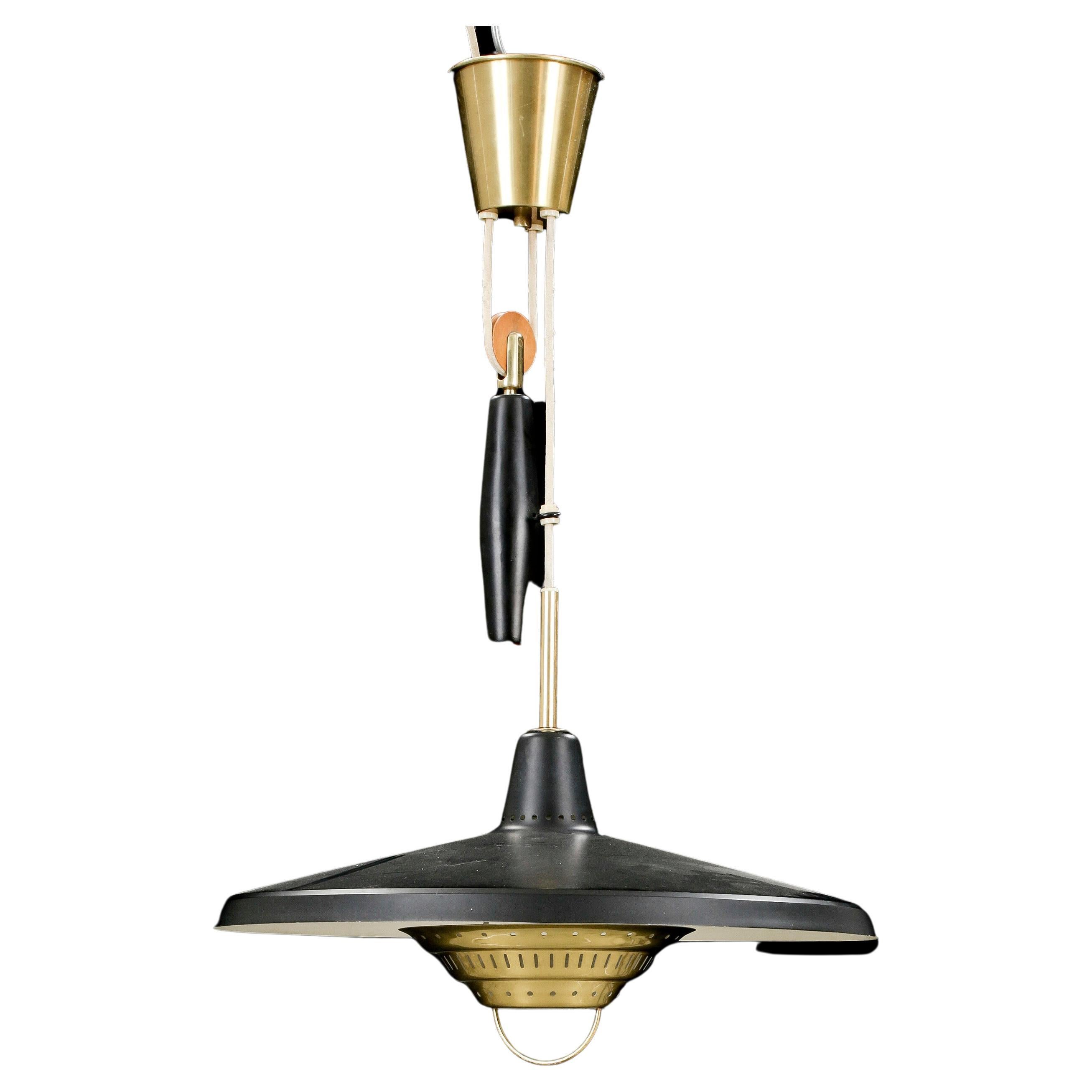 Anonymous Counterweight Black Metal and Brass Pendant Lamp, Sweden, 1950