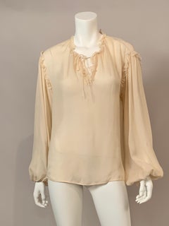 Anonymous Cream Colored Silk Chiffon Ethnic Inspired Blouse with Ruffles