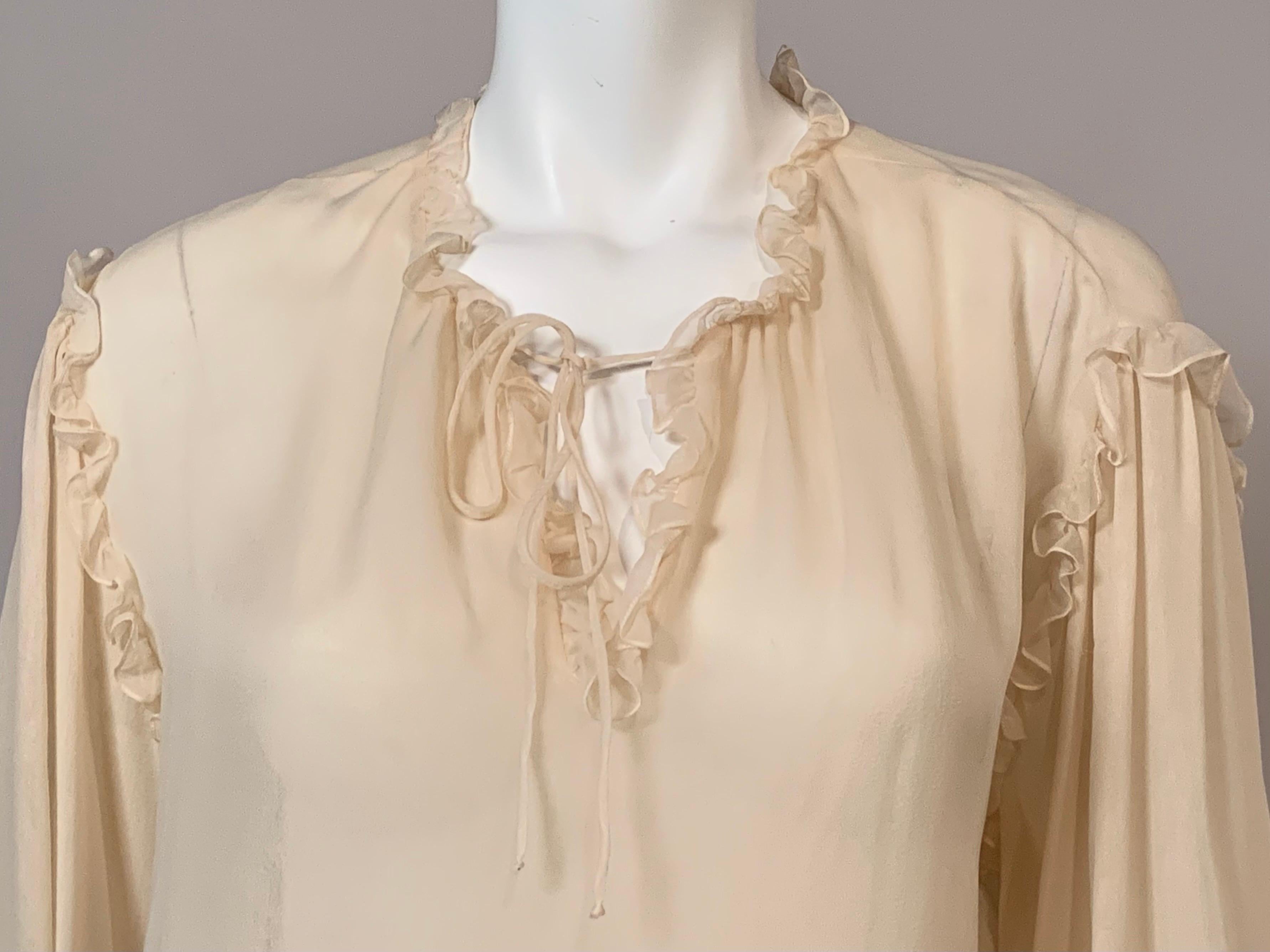 Donna Anonimo Camicetta in chiffon di seta color crema con volant di ispirazione etnica in vendita