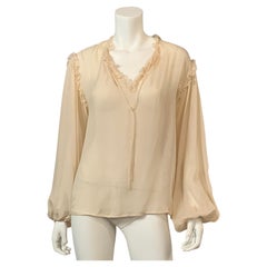 Vintage Anonymous Cream Colored Silk Chiffon Ethnic Inspired Blouse with Ruffles