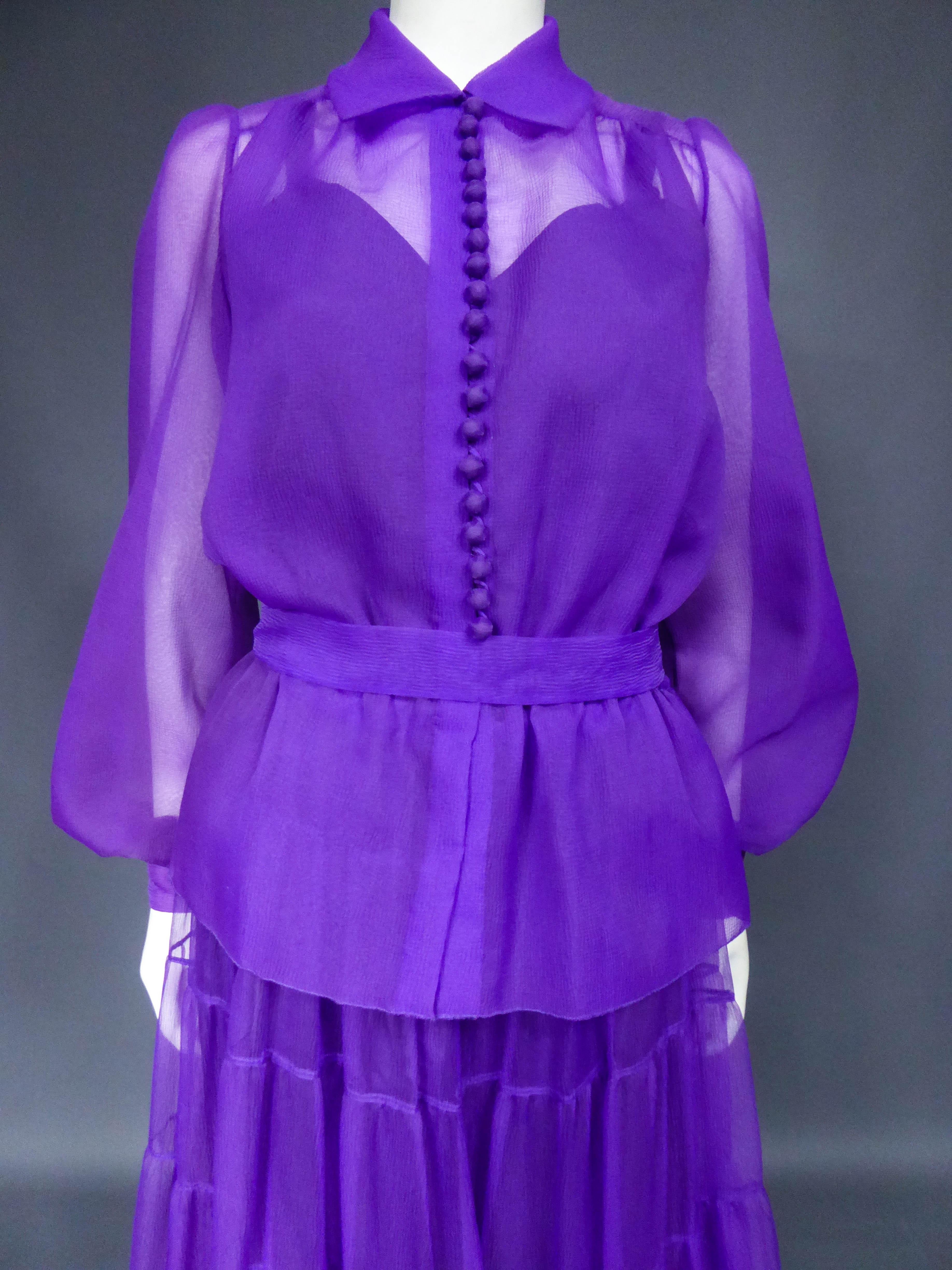 Women's A  French Purple Organza Couture Skirt and Blouse Set Circa 1970