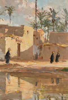 African Landscape with Women - Original Oil on Wooden Panel Early 20th Century