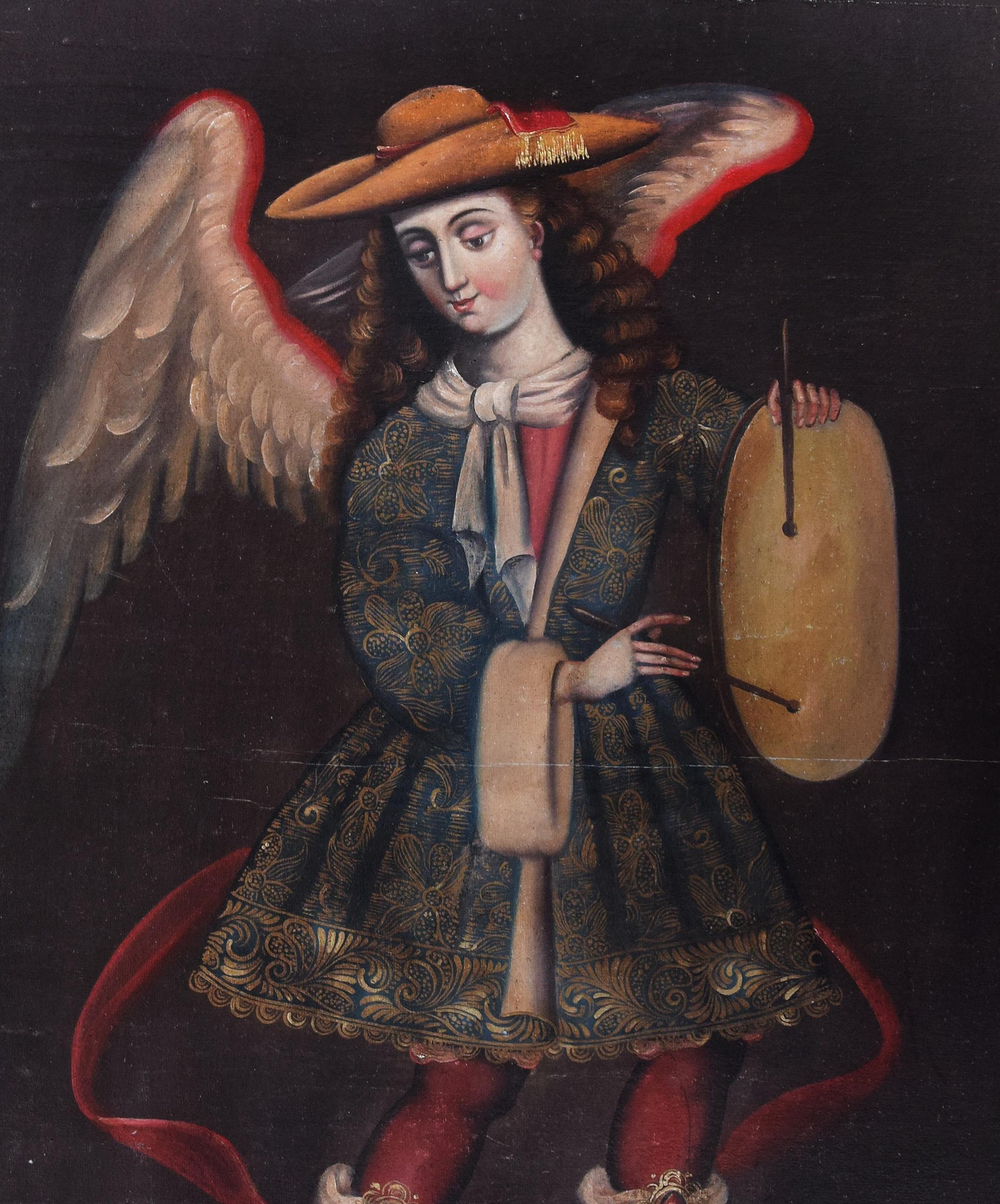 Angel with Drum - Original Oil, Tempera and Gold on Canvas - End of 19th Century - Painting by Unknown