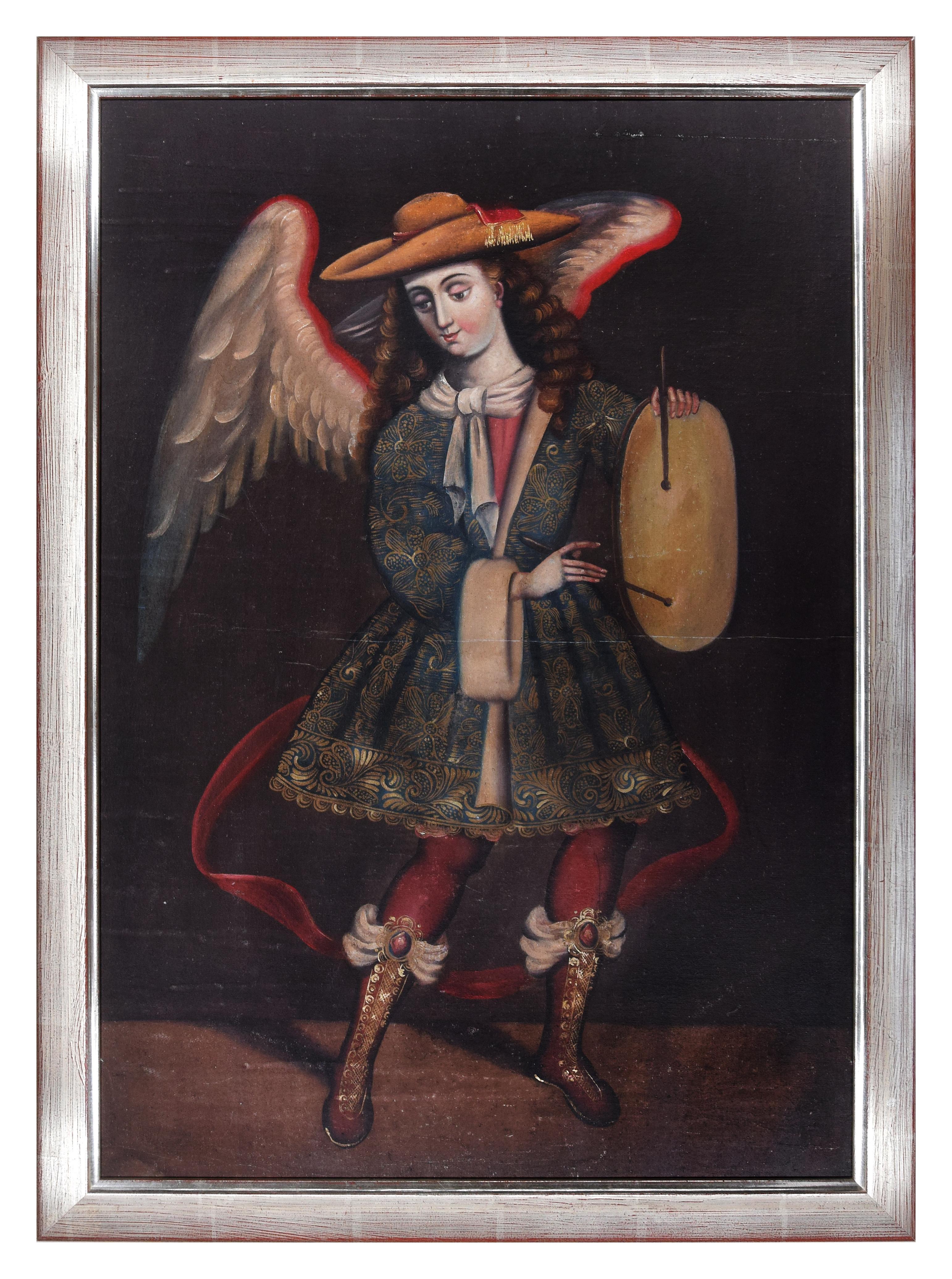 Unknown Figurative Painting - Angel with Drum - Original Oil, Tempera and Gold on Canvas - End of 19th Century
