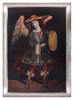 Angel with Drum - Original Oil, Tempera and Gold on Canvas - End of 19th Century
