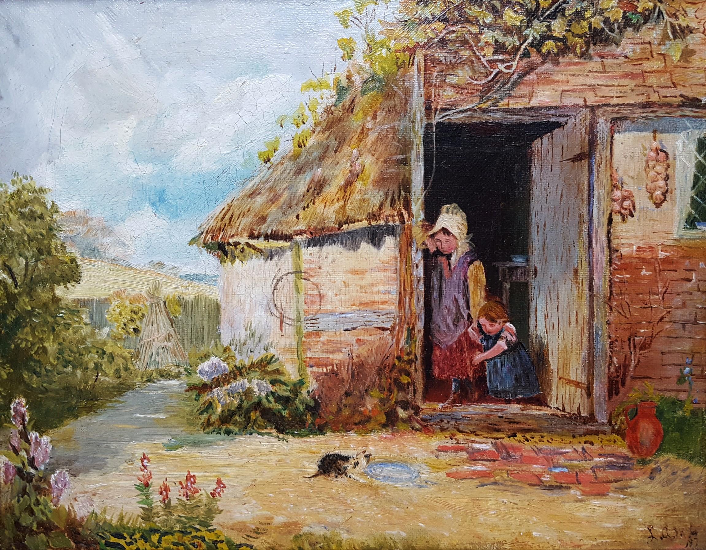 Unknown Figurative Painting - Children at the Cottage Door