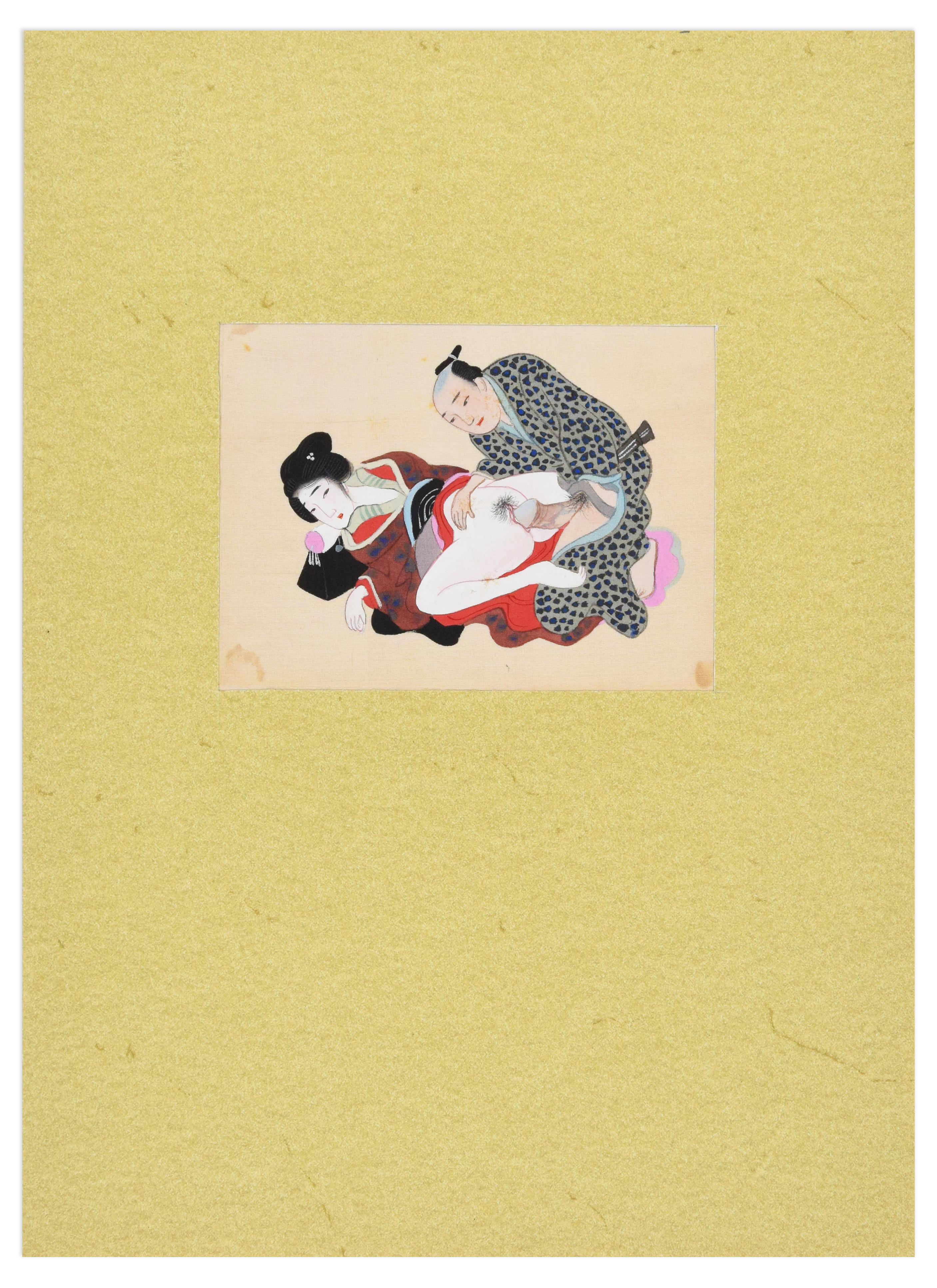 Japanese Erotic scene - Origina Gouache on Silk - Painting by Unknown