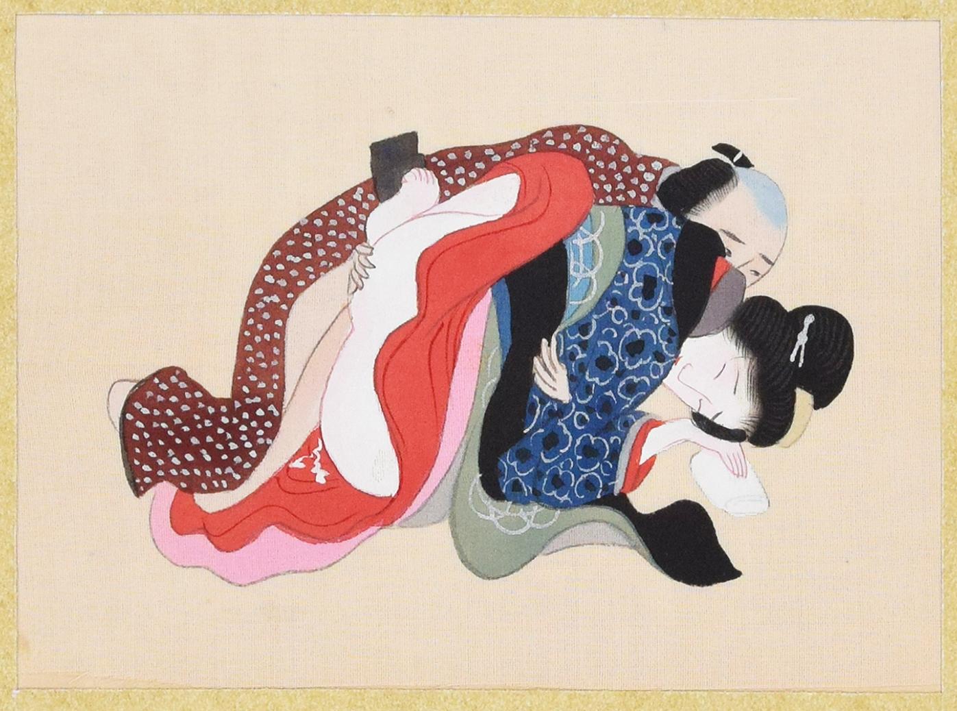 Unknown Figurative Painting - Japanese Erotic Gouache - Original Gouache on Silk