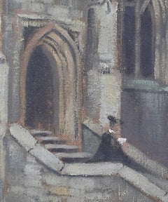 'Eton College, a scholar on the steps' oil painting