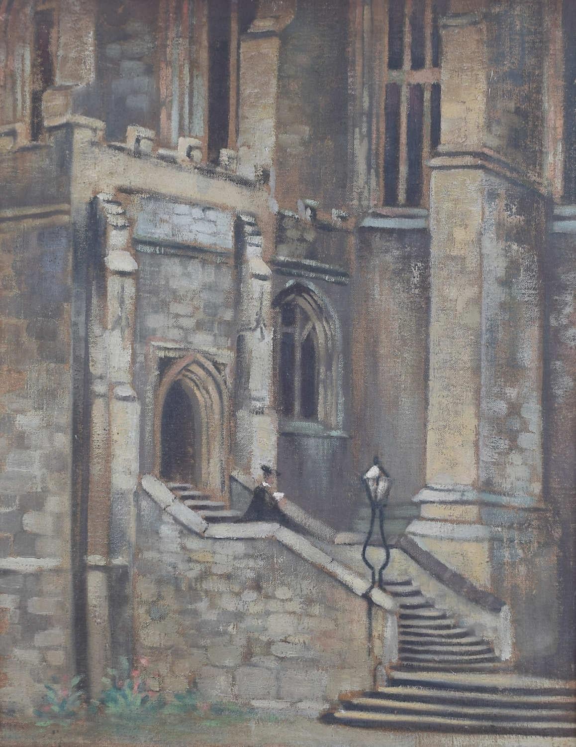 'Eton College, a scholar on the steps' oil painting - Painting by Anonymous