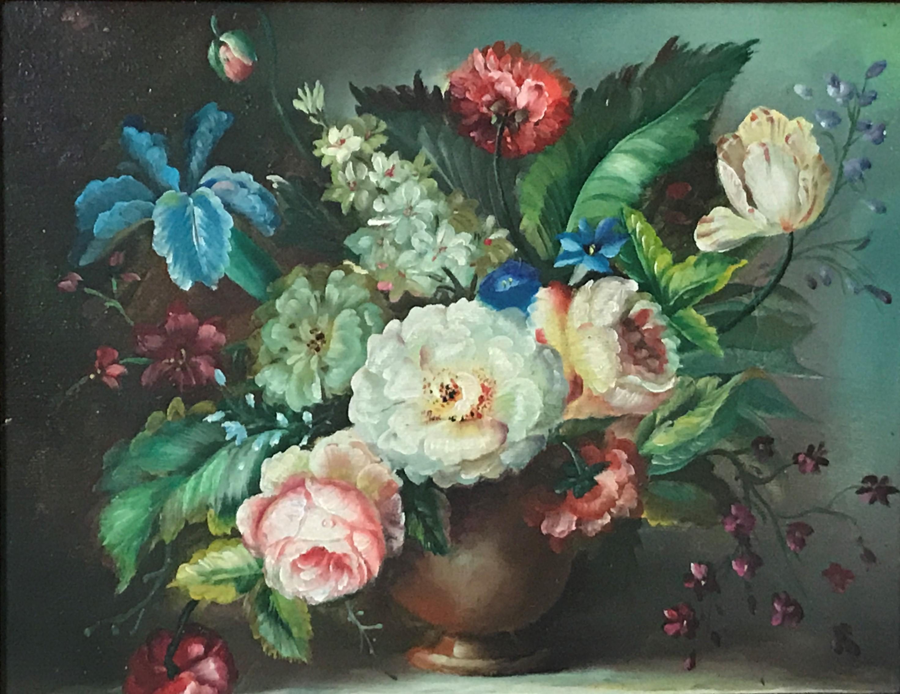 Floral Still Life - Gray Still-Life Painting by Unknown