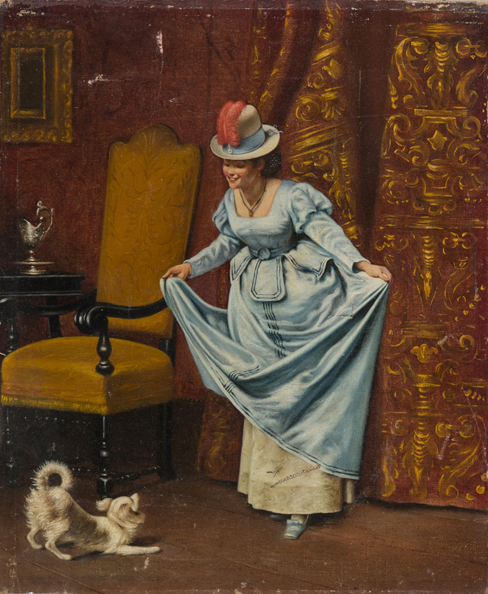 Unknown Animal Painting - Girl with a Puppie - Original Oil on Canvas by Anonymous Italian Painter 1800