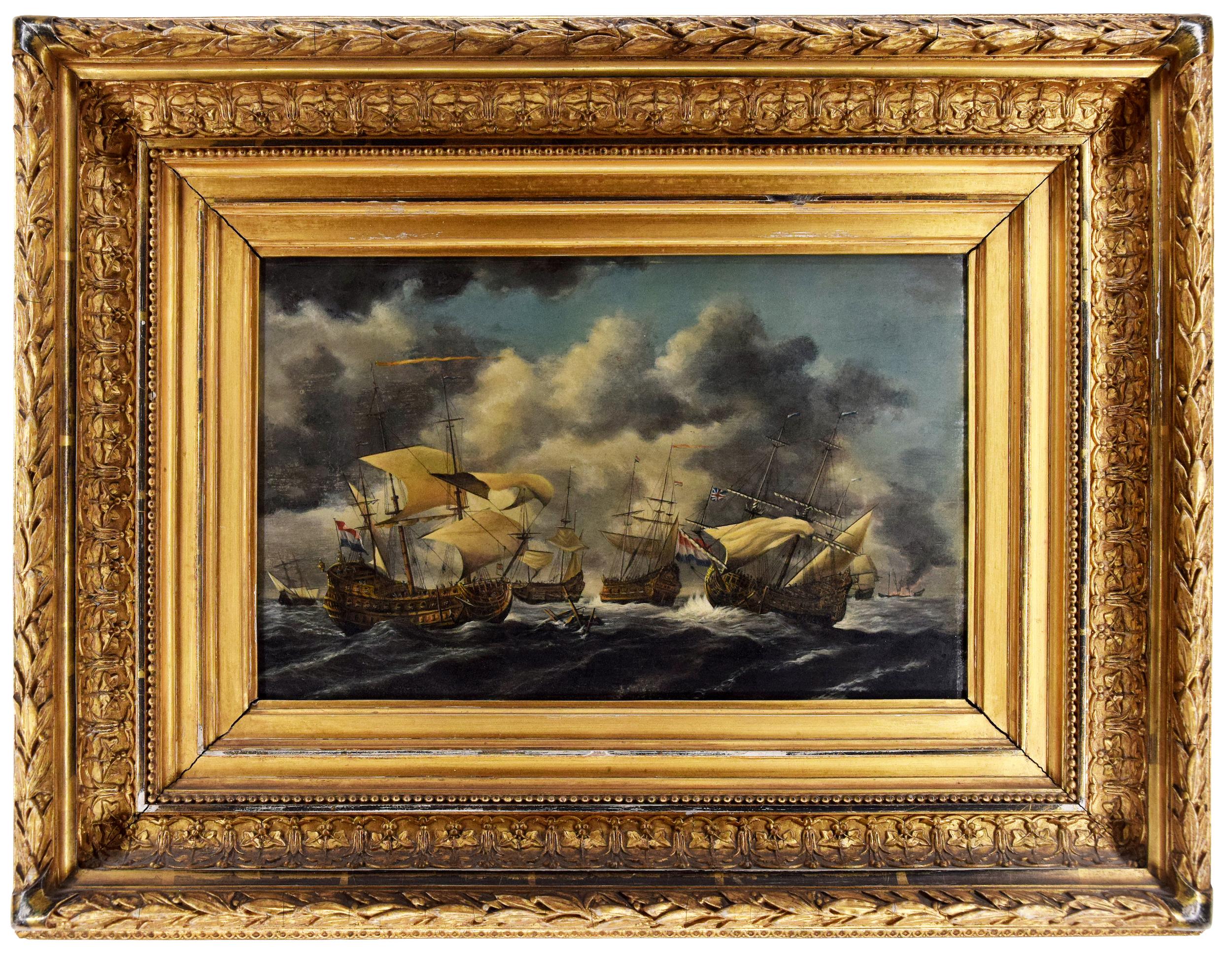 Naval Battle between Holland and Great Britain-Original Oil on Table Early 1900 - Painting by Unknown
