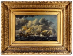 Bataille navale entre la Hollande et la Grande-Bretagne - Huile originale sur tableau début 1900