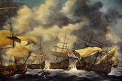 Naval Battle between Holland and Great Britain-Original Oil on Table Early 1900
