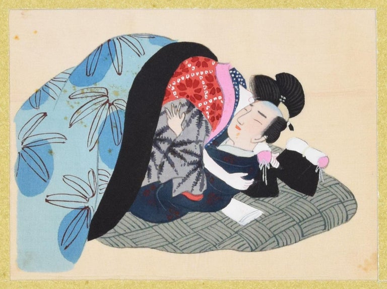 Sensual Embrace is gouache and China ink on silk, realized by an anonymous Japanese artist of XIX century, probably in the second half of XIX century.
An original painting, from a collection of twelve Japanese erotic silk paintings, wrongly
