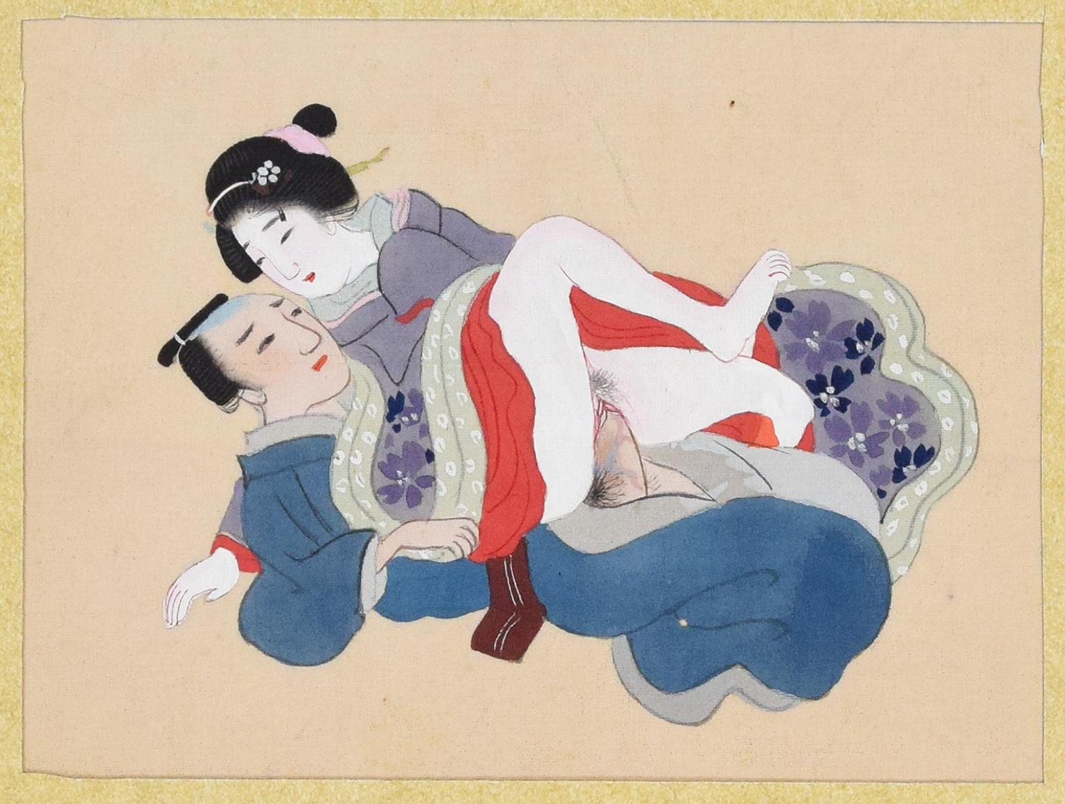 Unknown Nude Print - Japanese Sexual Encounter - Origina Gouache on Silk