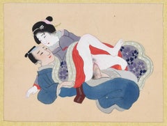 Rencontre sexuelle japonaise - Origina Gouache sur soie