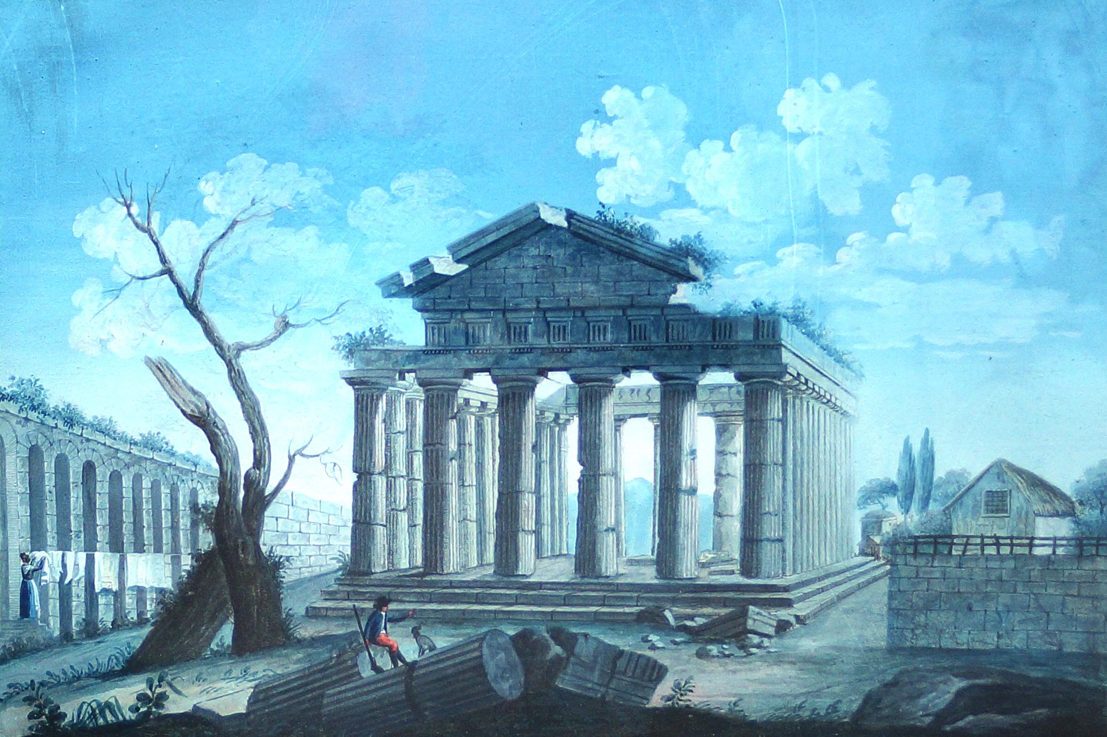 Unknown Landscape Painting - View of the Hexastyle Periptero Temple from the part of Ponente - Tempera 