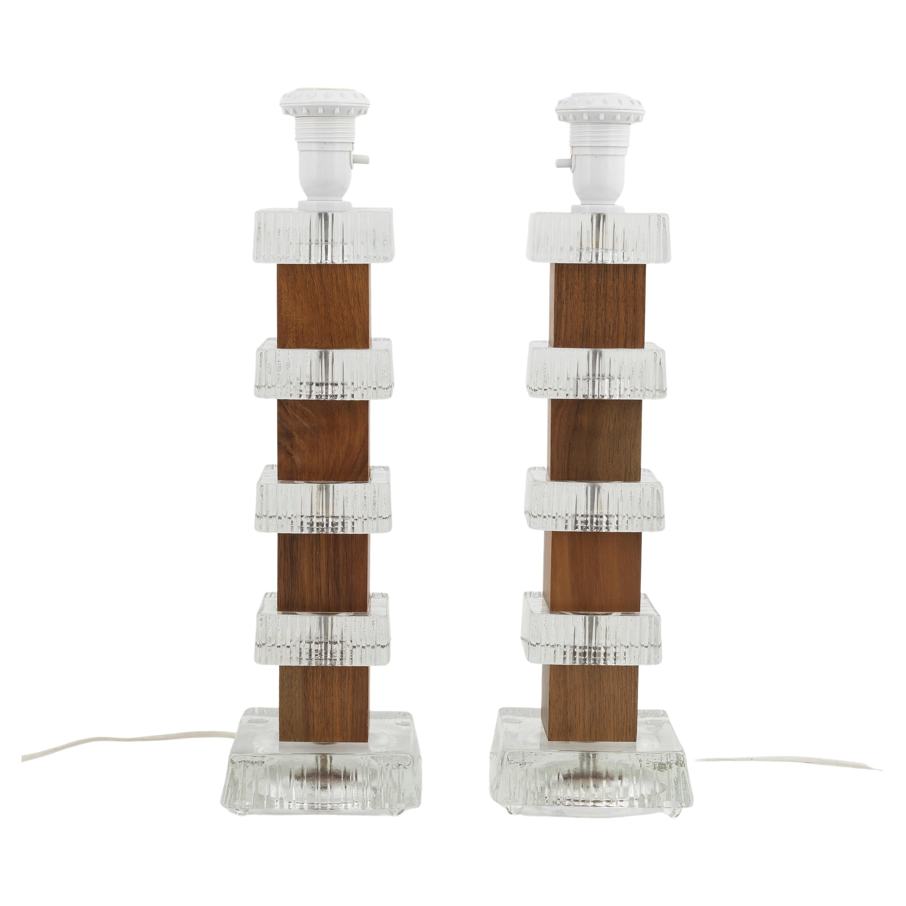 Anonymous Pair of Table Lamp Glass and Teak, France, 1970