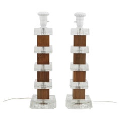 Anonymous Pair of Table Lamp Glass and Teak, France, 1970