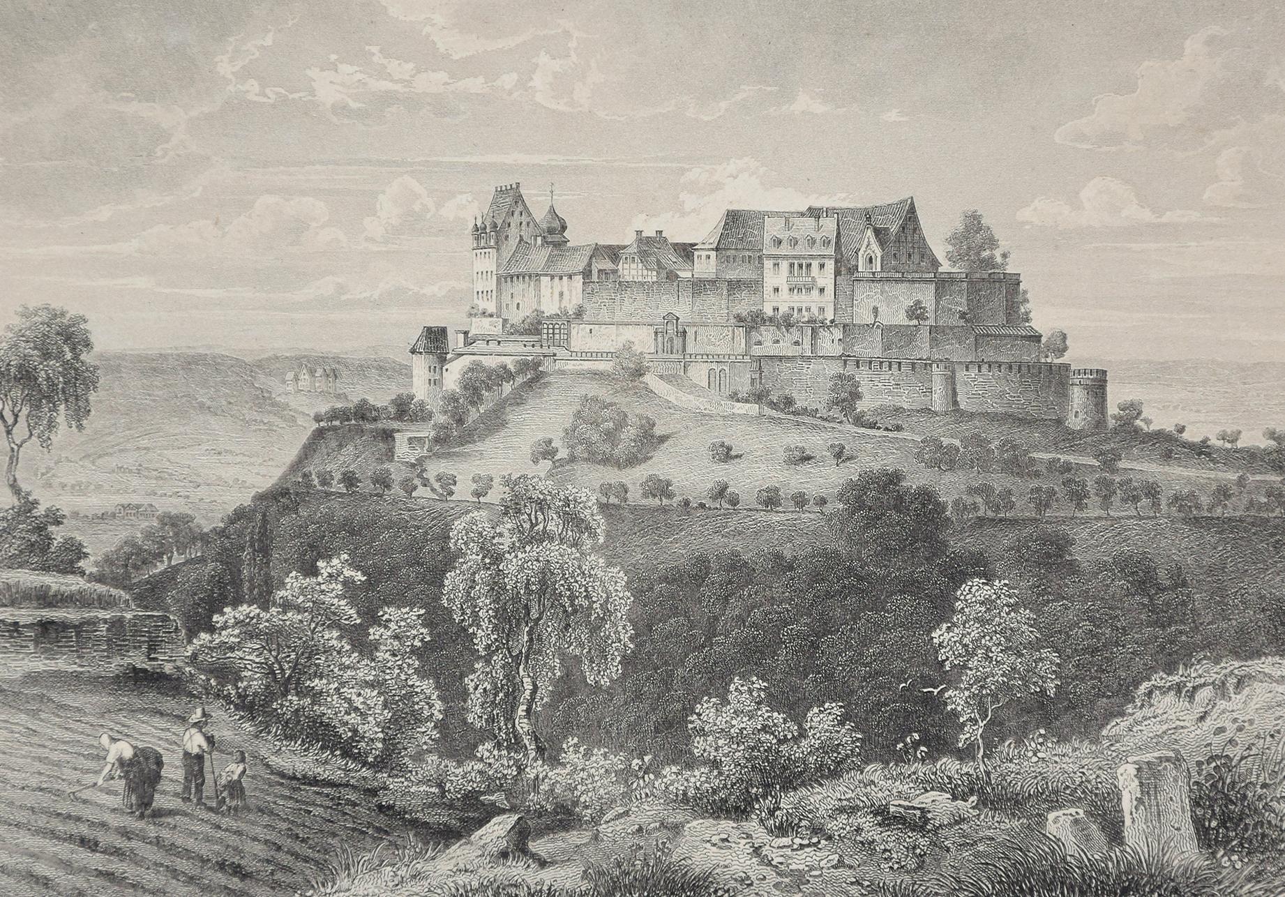 Gravure originale du 19° siècle de Die Festung Coburg
