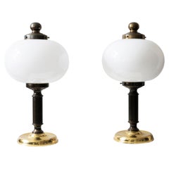 Pair of Vintage Rounded Table lamps in White Opaline and Brown&Gold Metal, 1980s