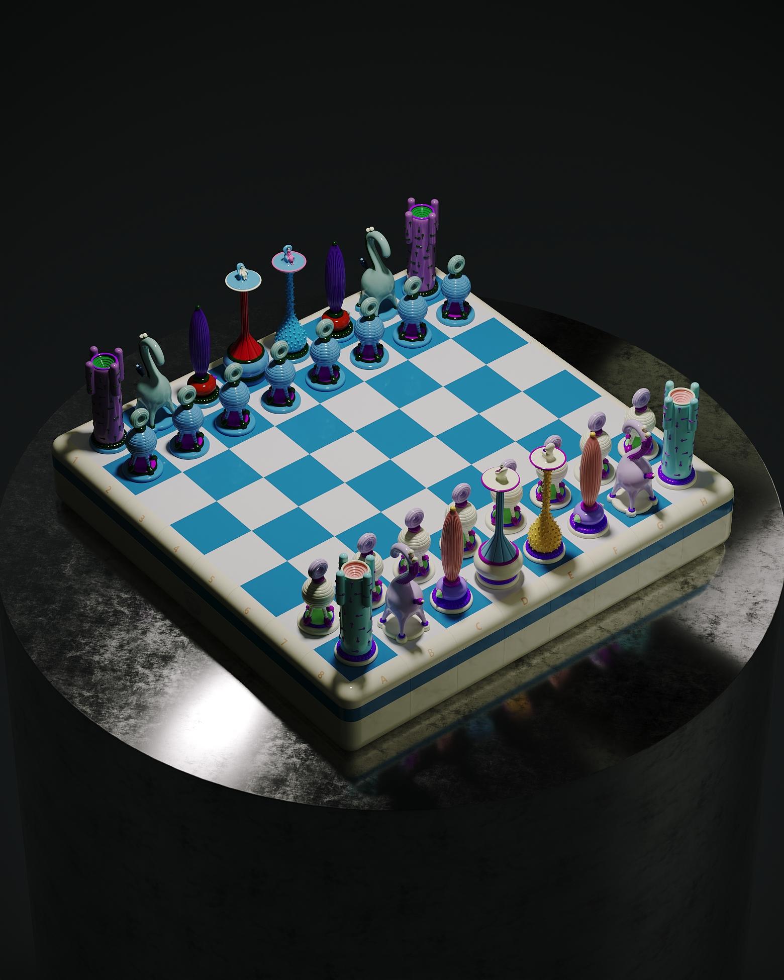 Another Kingdom Chess Set by Taras Yoom
Limited Edition of 21
Dimensions: D 45 x W 45 x H 8 cm
Materials: Metal, plastic, acrylic, wood, silicone.

Chess set “Another Kingdom: Light Stage”, that embodies a new stage in life — a truce. In this new