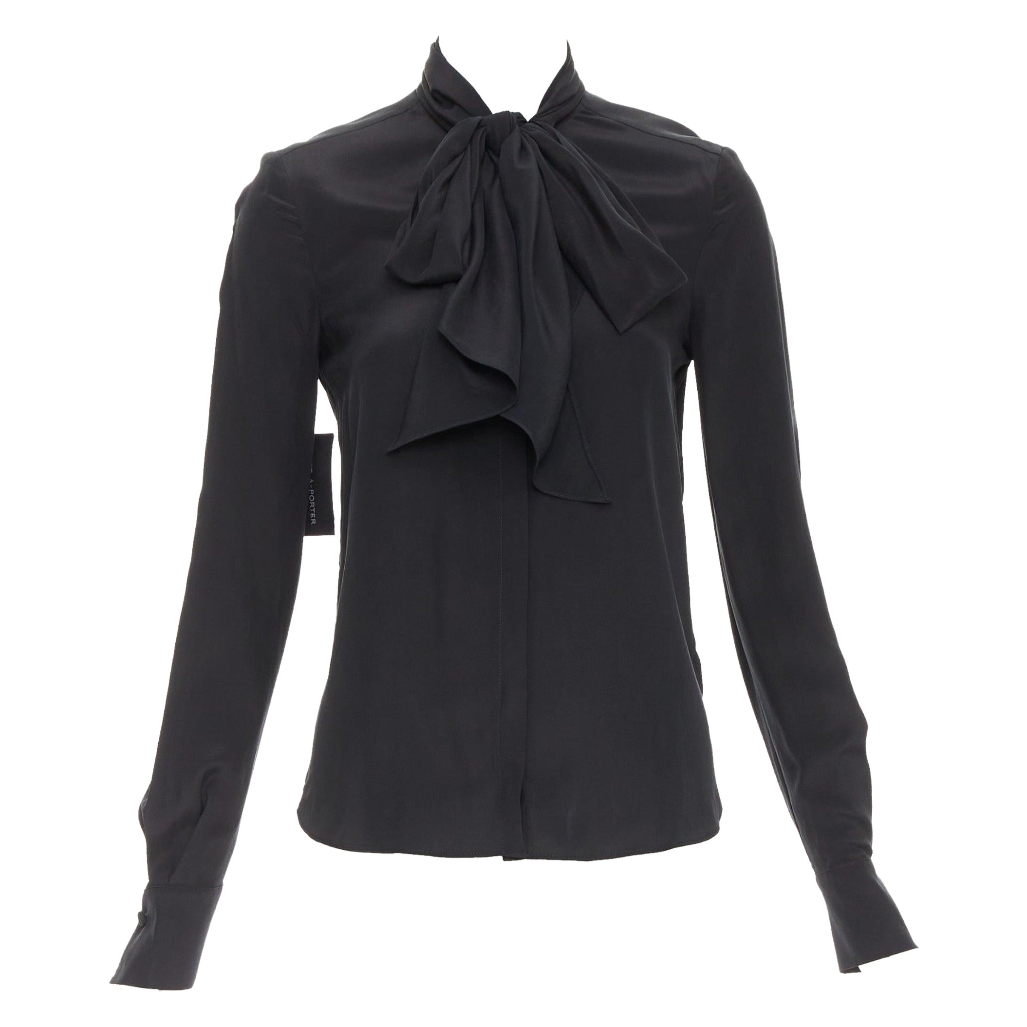 ANOTHER TOMORROW 100% seta nera, camicia con gomitolo, camicetta top IT36 XXS in vendita