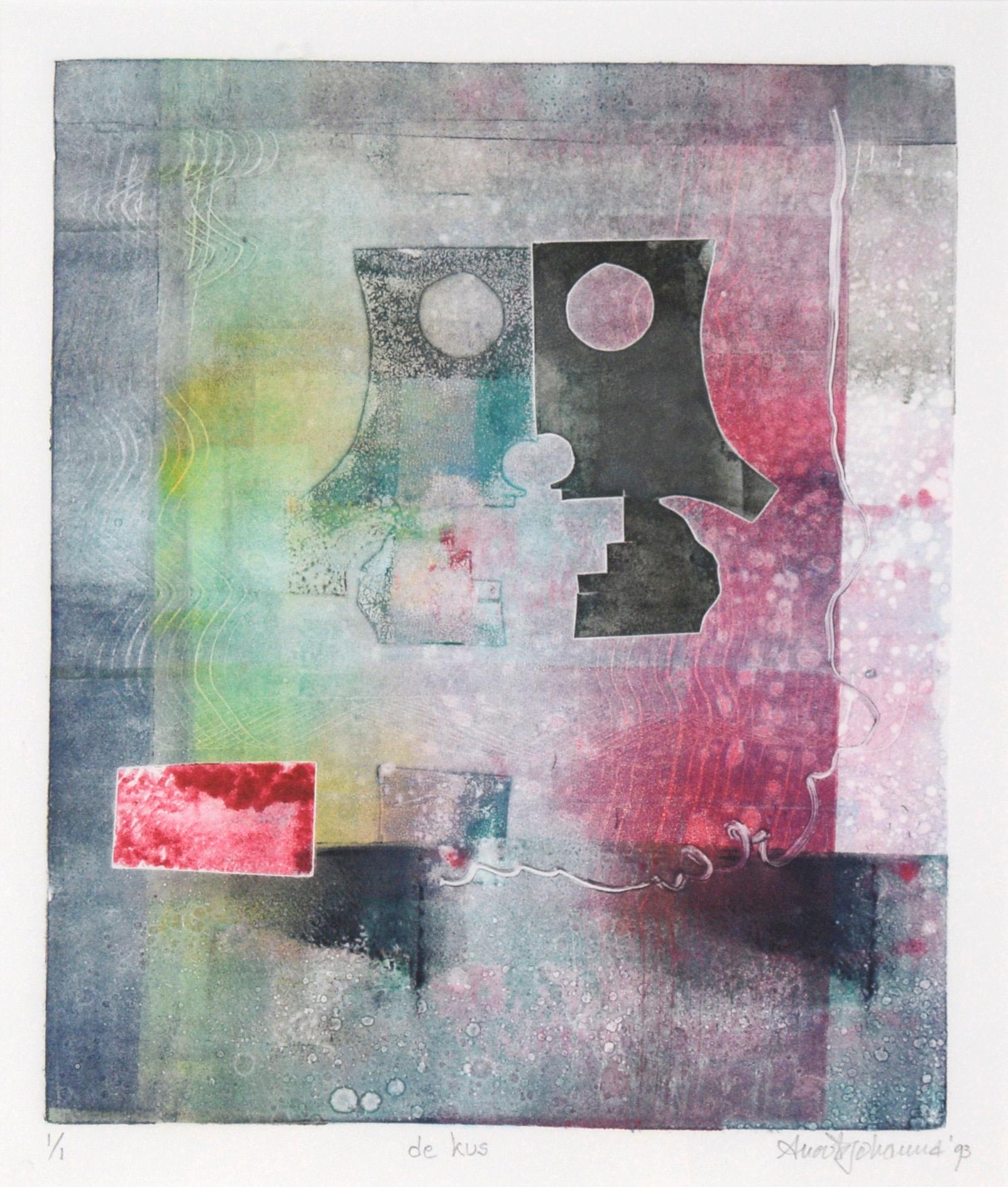 Abstrakte Monotypie „de Kus“ (Der Kus) in Tinte auf Papier – Painting von Anouk Johanna