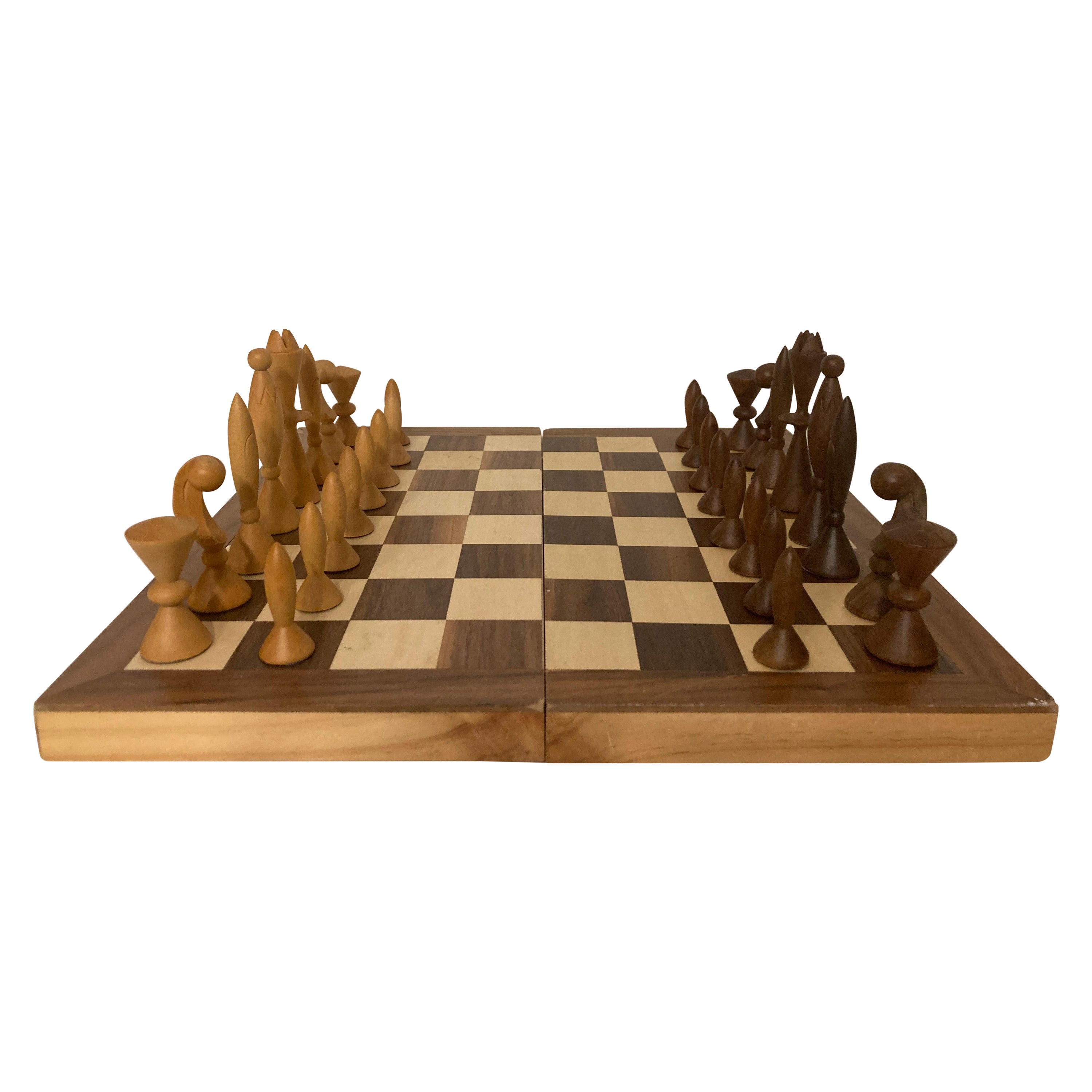 Ensemble d'échecs de l'ère spatiale ANRI conçu par Elliott, en noyer et érable, Italie, 1950, sans planche
