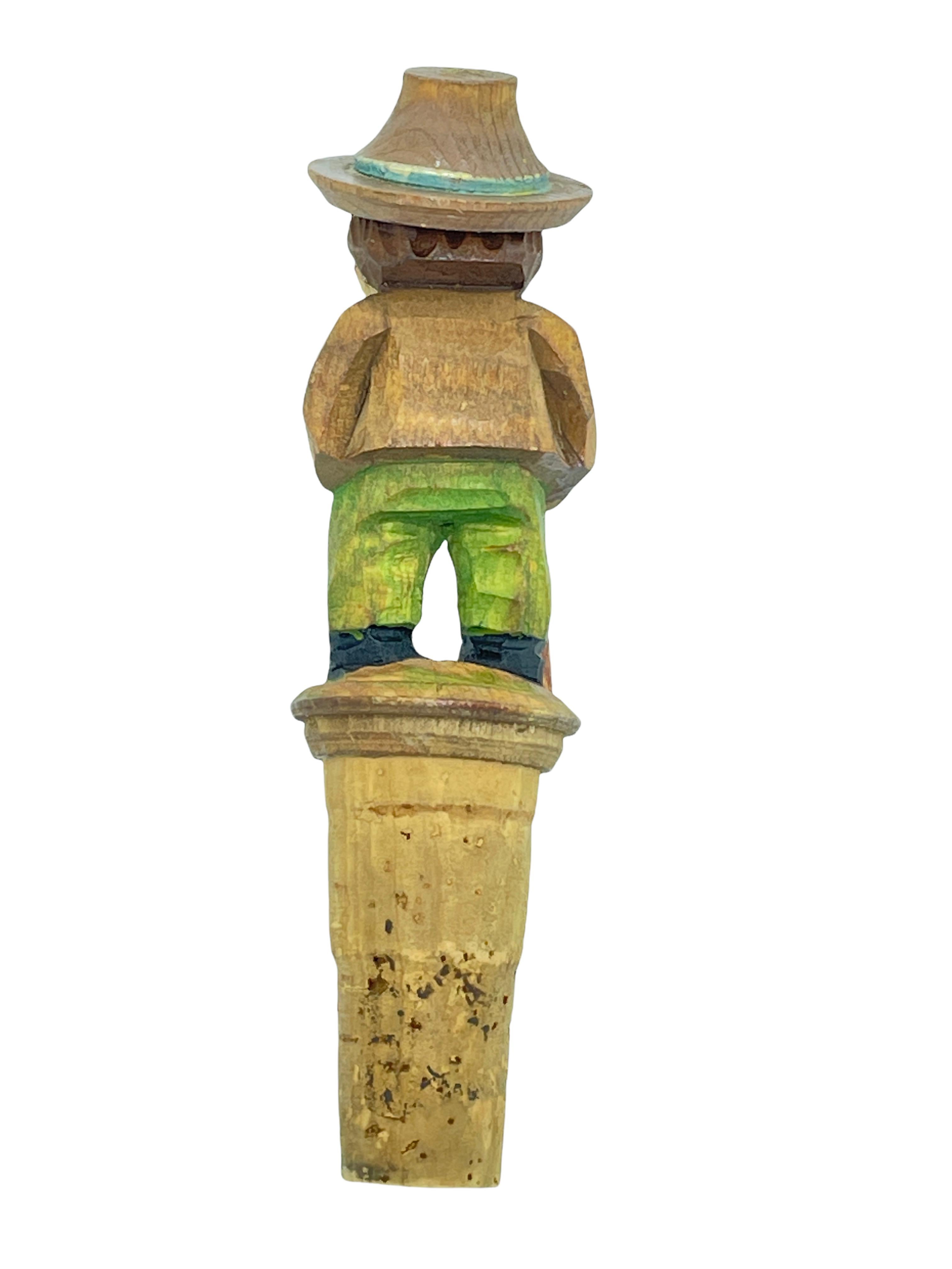 Black Forest Anri Wood Carved Figural Tramp Bottle Topper Stopper, 1950s