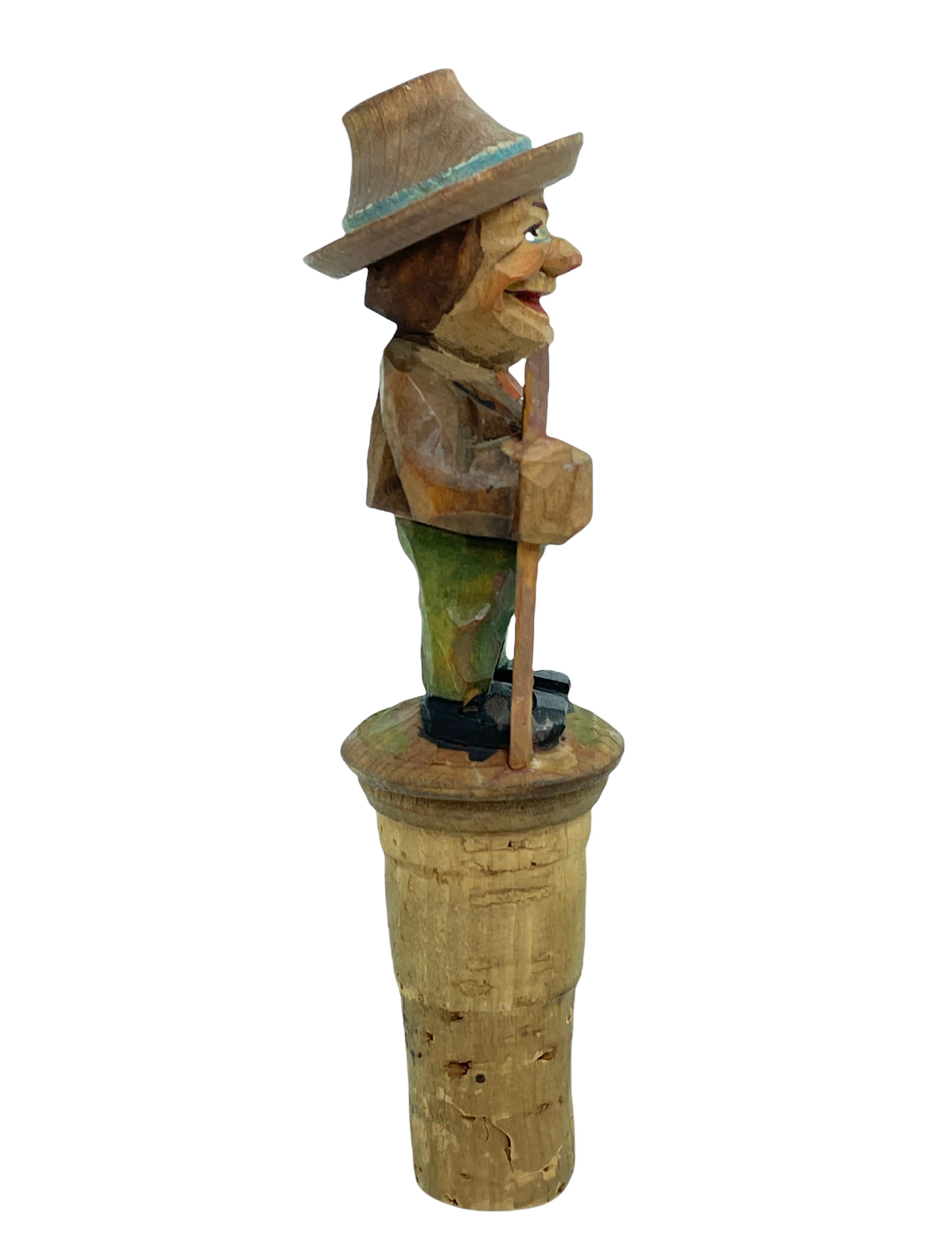 Italian Anri Wood Carved Figural Tramp Bottle Topper Stopper, 1950s