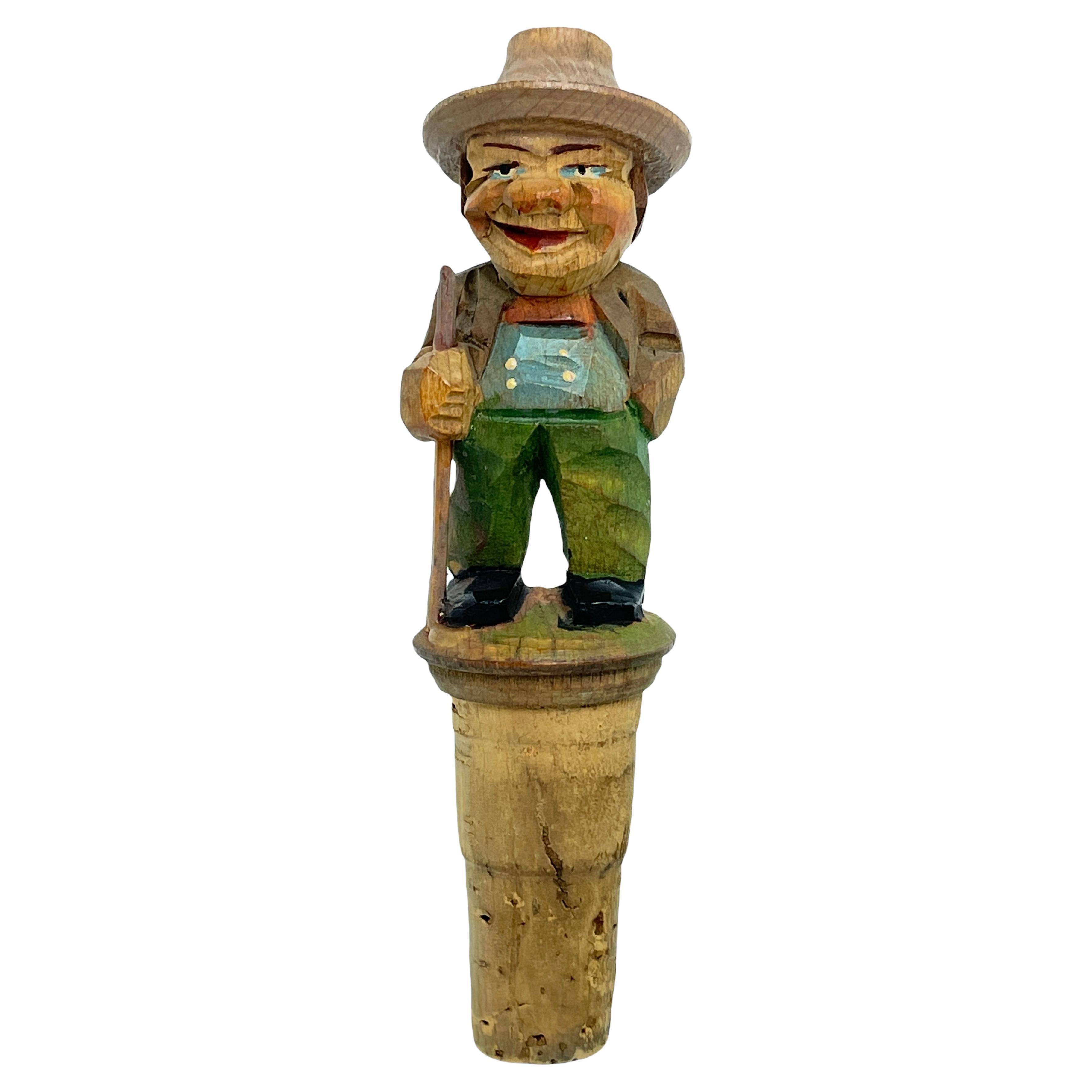 Anri Wood Carved Figural Tramp Bottle Topper Stopper, 1950s