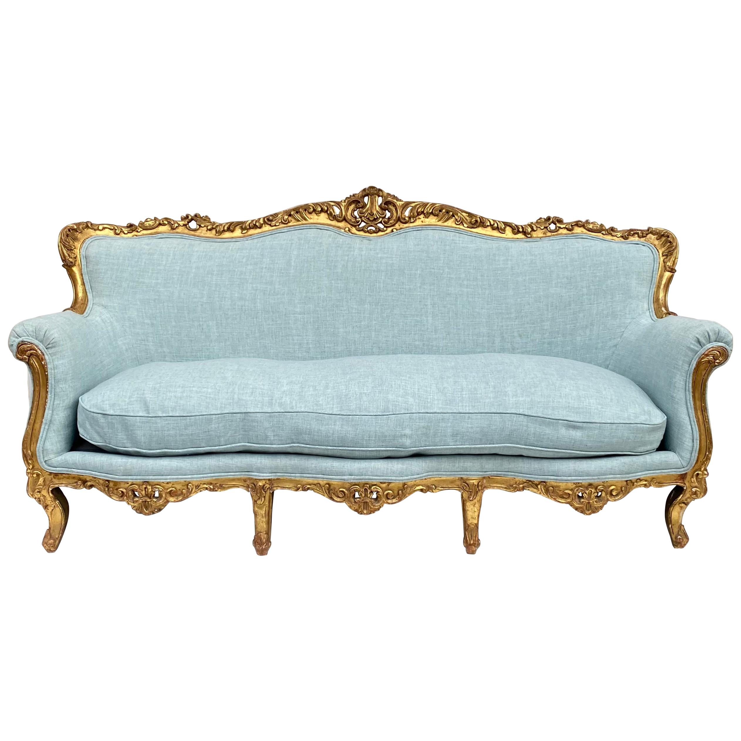 Antique French Sofa / Canape with Water Gilt Carved Frame