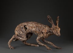 ''Alerto Liebre'', Escultura Contemporánea de Bronce Retrato de una Liebre