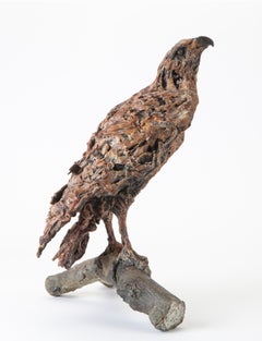 ''Contemplation'', Contemporary Bronze Sculpture Portrait of a Buzzard on Branch