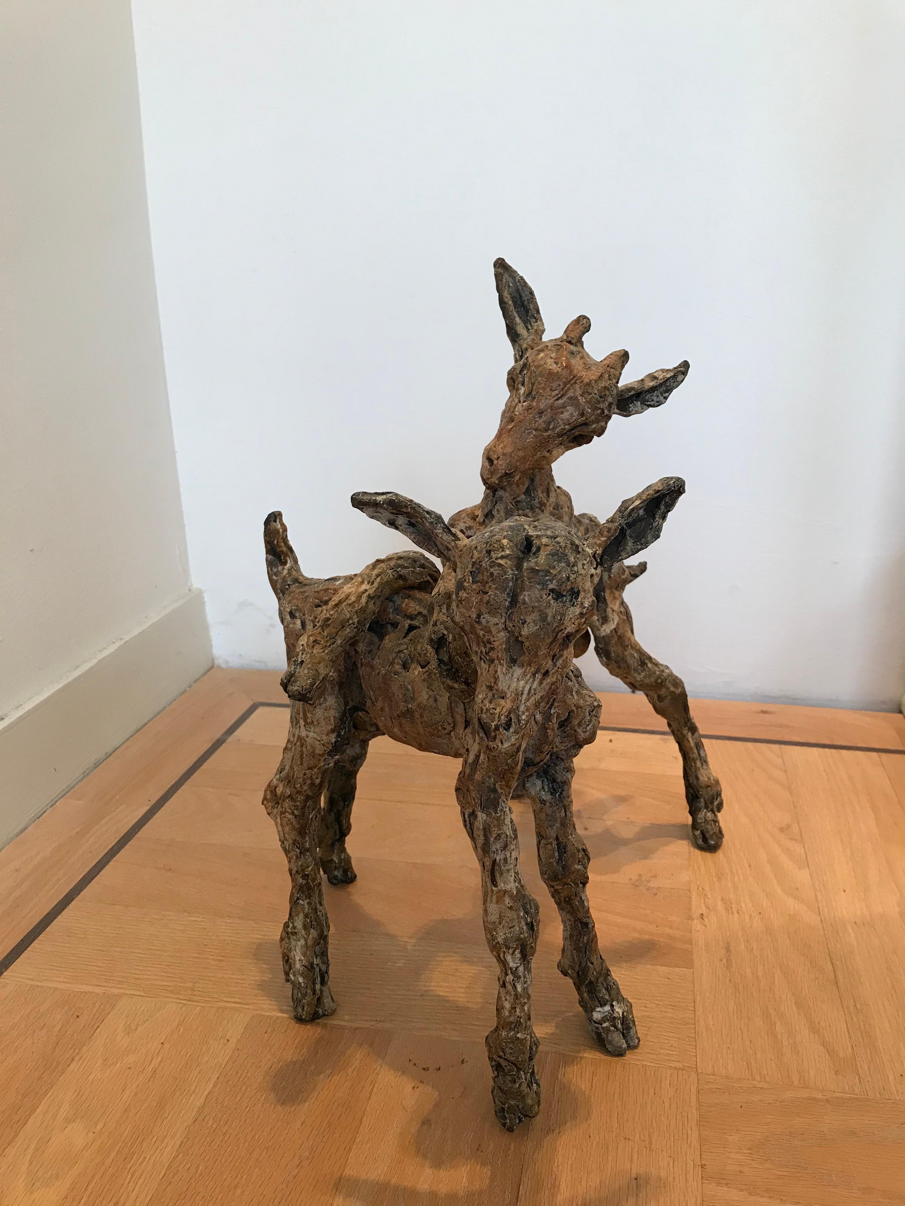 ''Goats Playing'', Contemporary Bronze Sculpture Portrait of Goats - Gold Figurative Sculpture by Ans Zondag