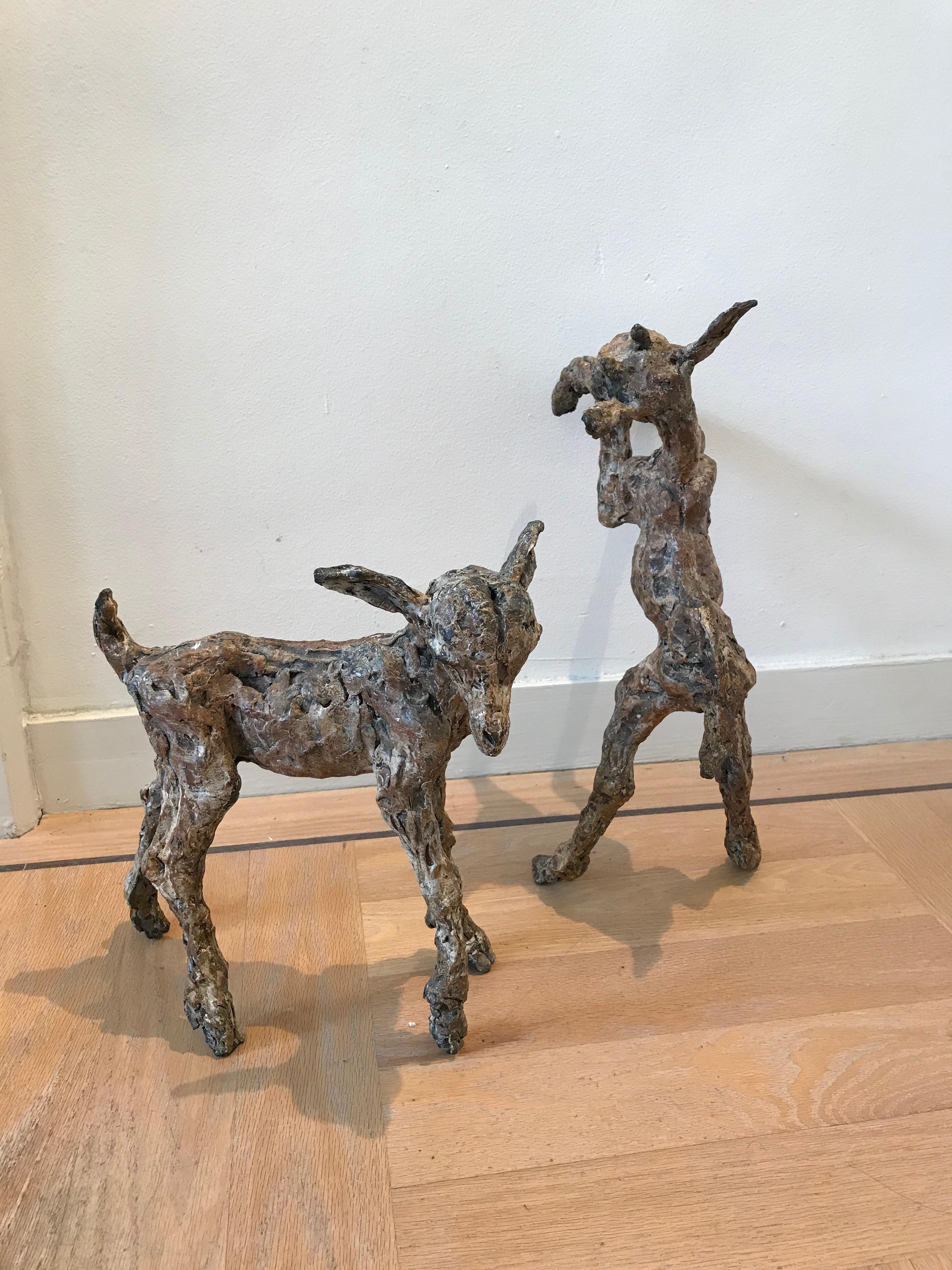 ''Goats Playing'', Contemporary Bronze Sculpture Portrait of Goats 2