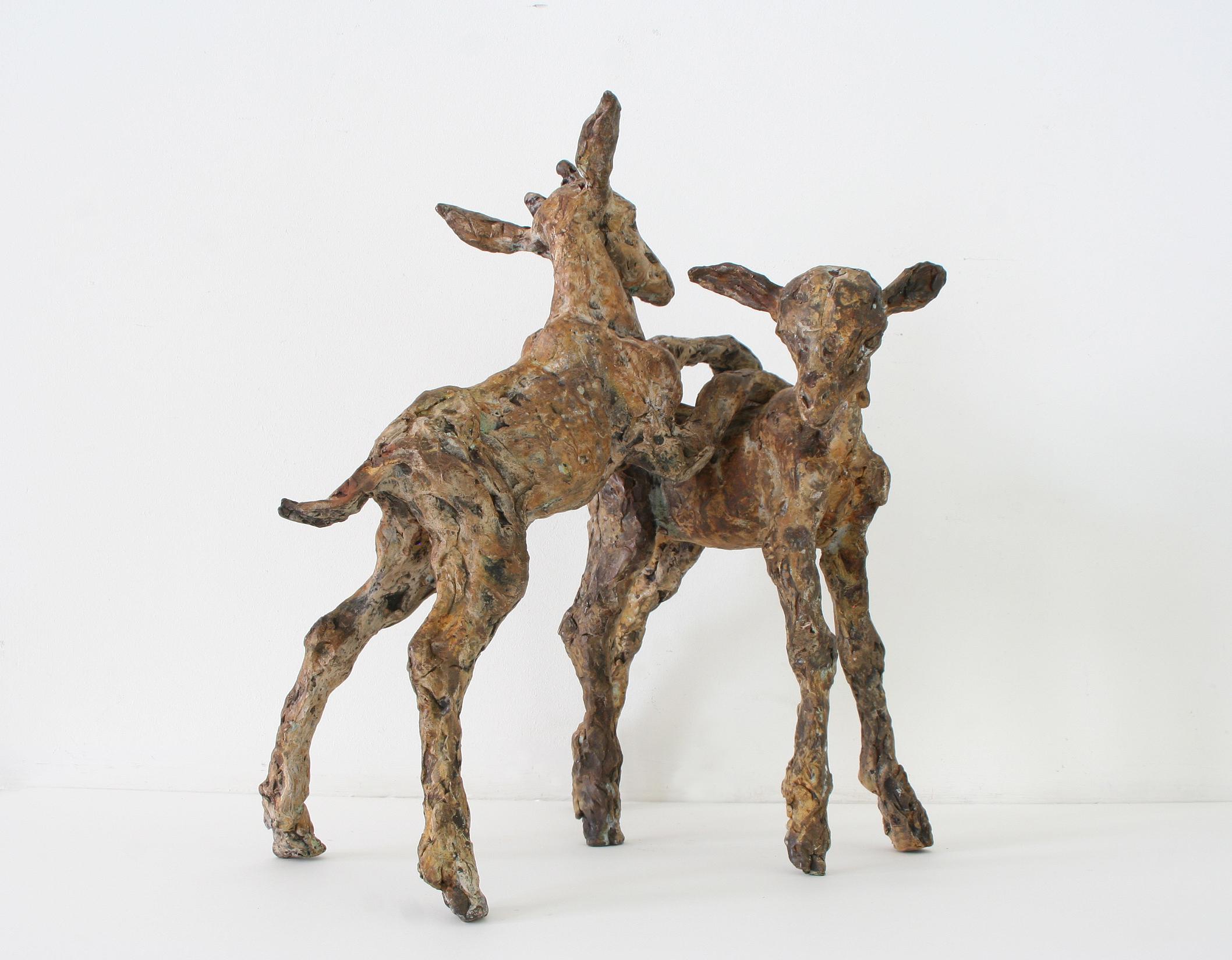 Ans Zondag Figurative Sculpture - ''Goats Playing'', Contemporary Bronze Sculpture Portrait of Goats